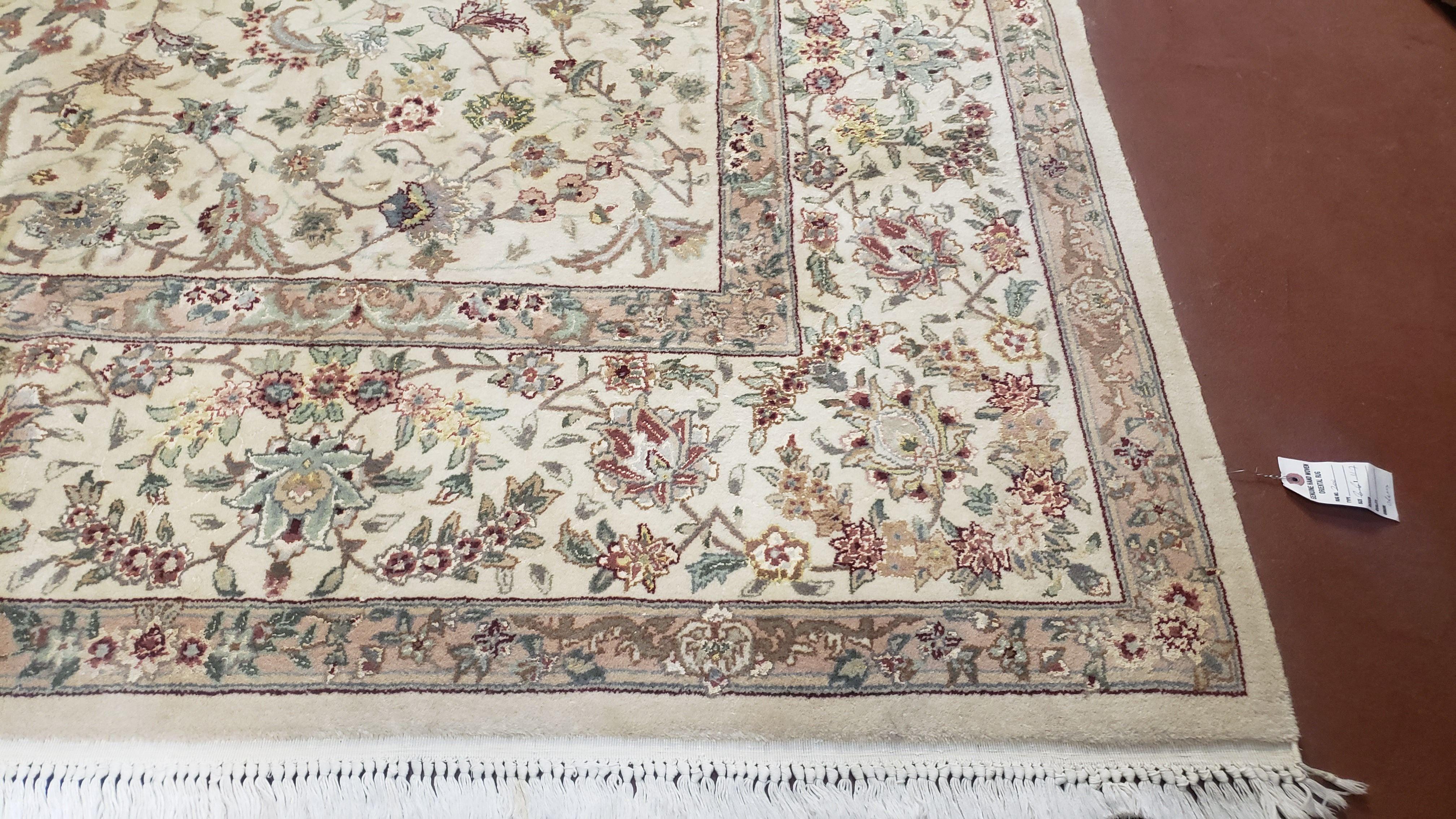 Vintage Oriental Carpet 9x12, Persian Design, Wool with Silk, Finely Hand Knotted, Beige & Teal, Allover Floral Traditional Pattern - Jewel Rugs