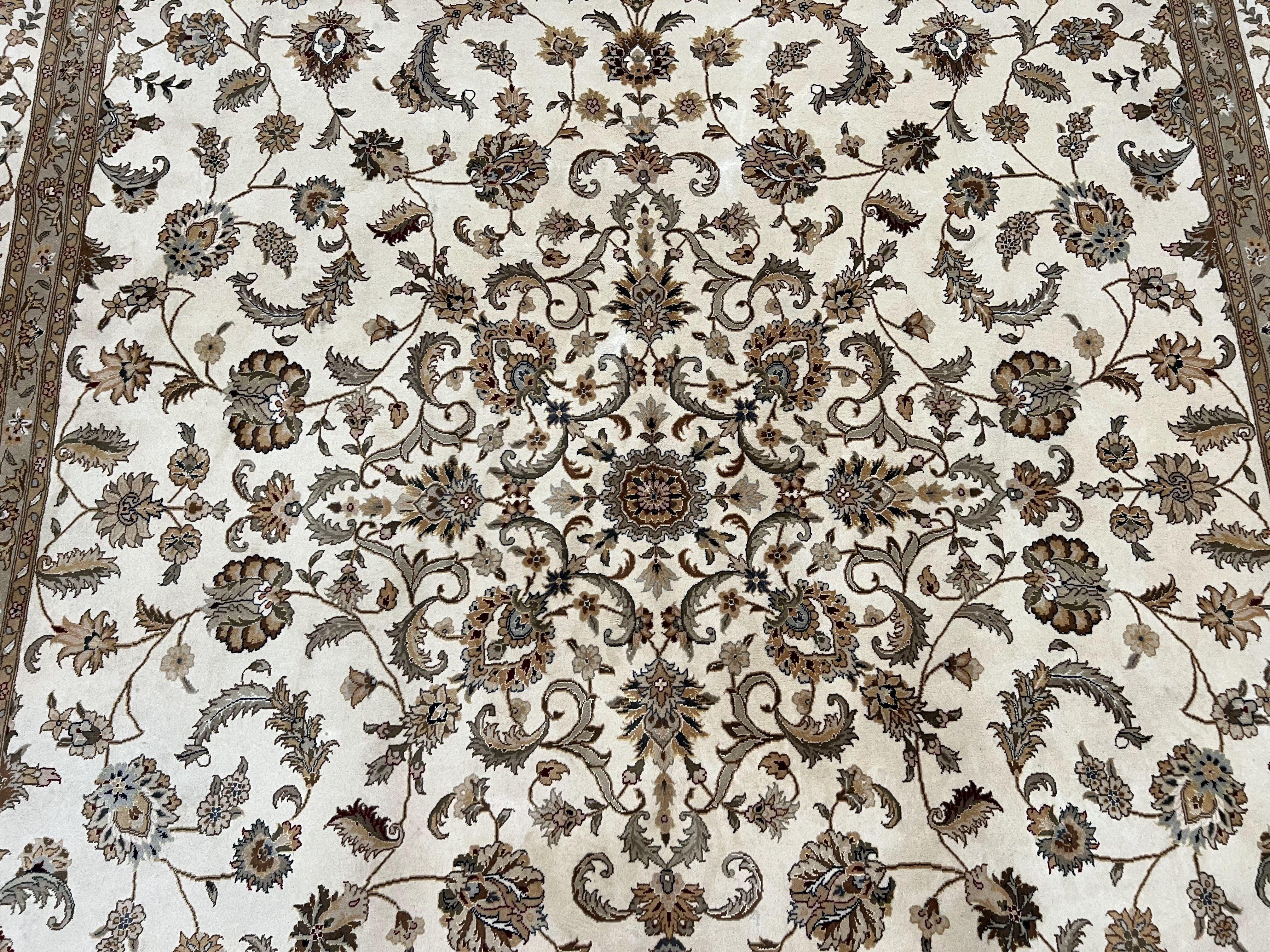 Pak Persian Rug 10x14, Allover Floral Pattern, Fine Oriental Carpet 10 x 14, Elegant Traditional Wool Rug, Ivory/Cream/Beige, Hand Knotted - Jewel Rugs