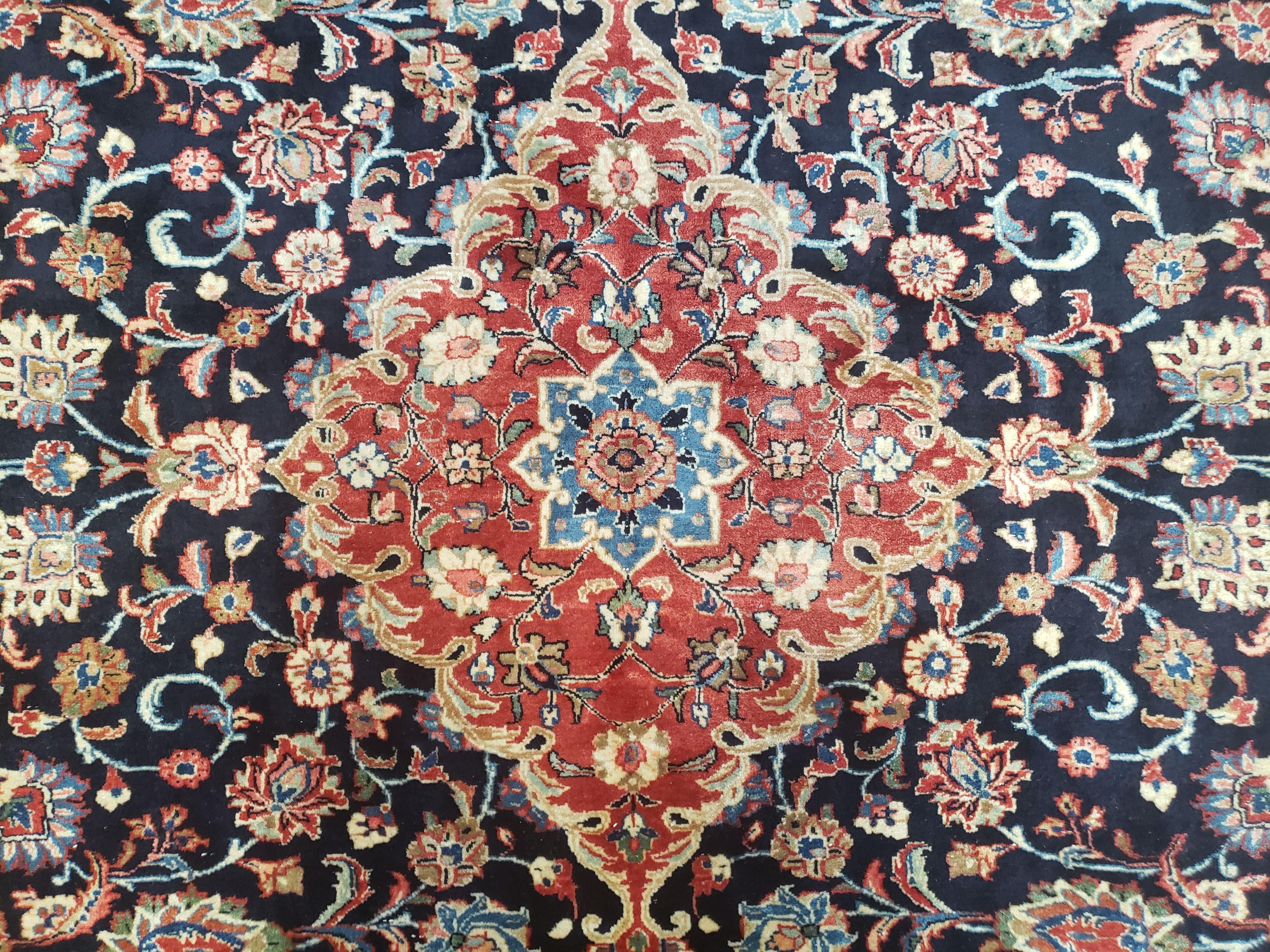 Semi Antique Persian Sarouk Rug, Dark Blue - Red - Beige, Hand-Knotted, Wool, 8'9" x 11'7" - Jewel Rugs