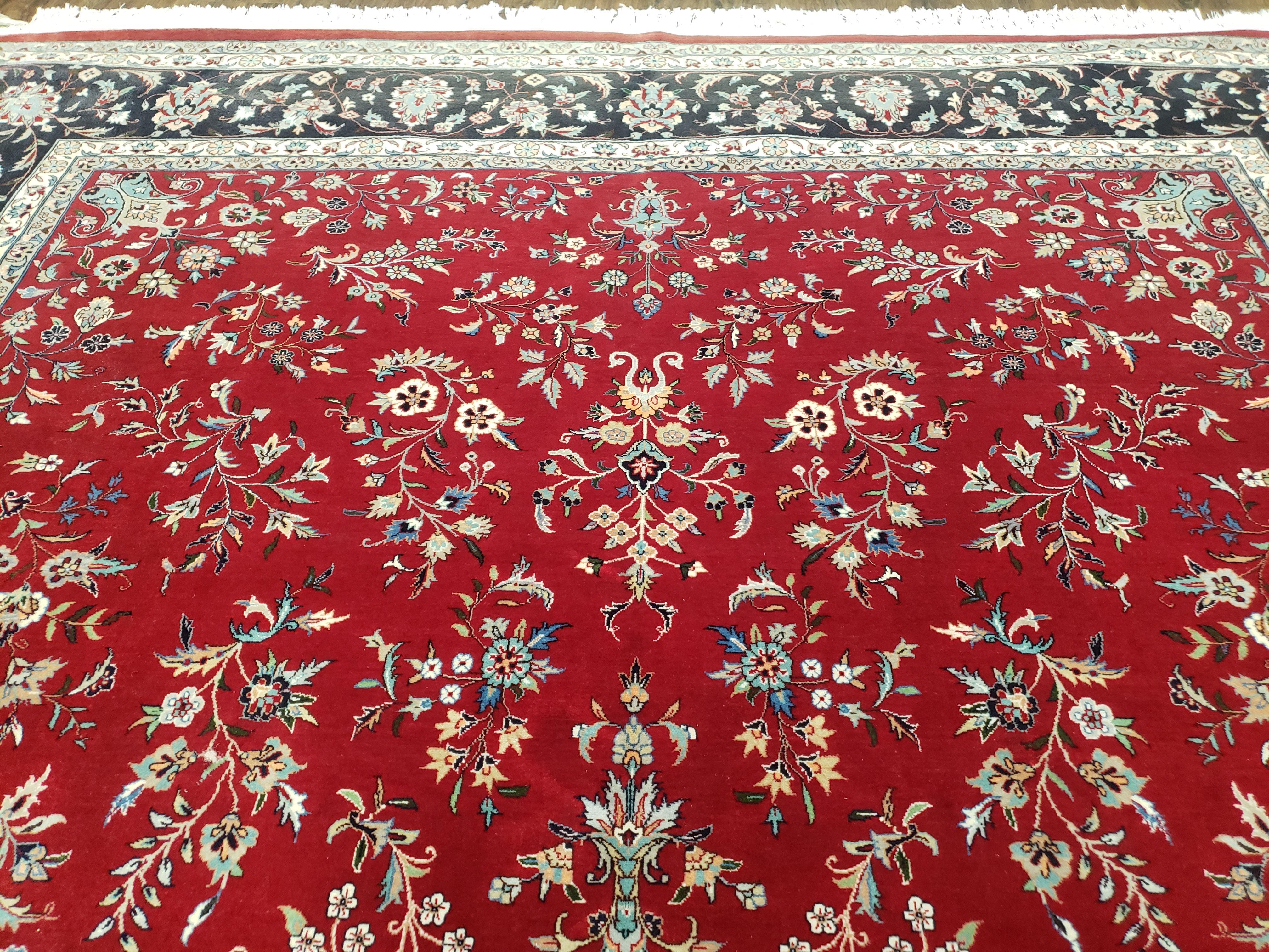 Traditional Persian Design Oriental Rug 9x12, Wool, Pak-Persian, Red & Dark Blue, Allover Pattern, Vintage, Hand-Knotted, 9 x 12 Carpet - Jewel Rugs