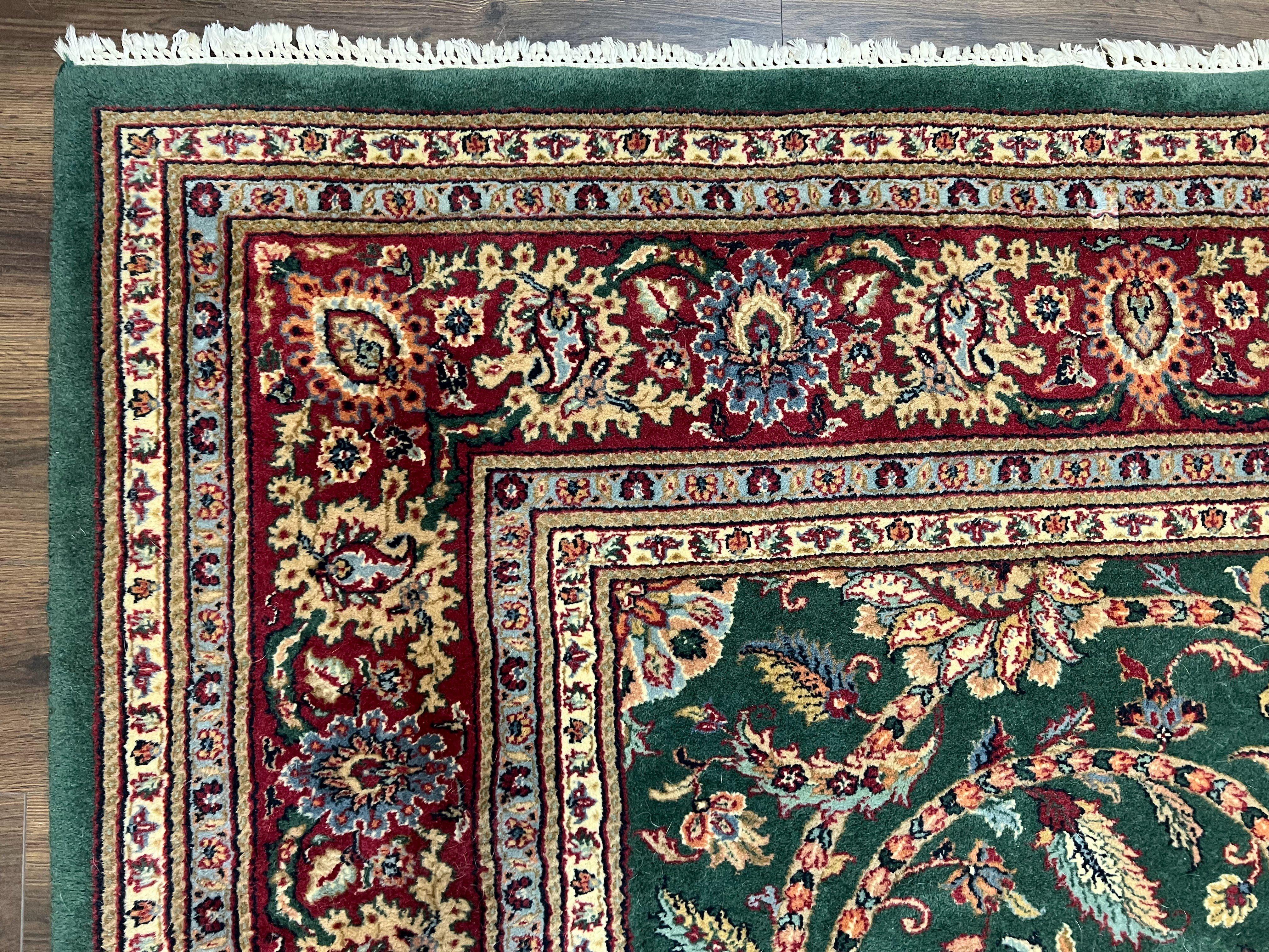 Indo Mahal Rug 9x12, Green and Red Hand Knotted Wool Oriental Carpet, Allover Floral Vintage Carpet, 9 x 12 Traditional Area Rug Handmade - Jewel Rugs