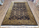 Vintage Floral Indo-Persian Area Rug 5x9 - 6x10, Wool Hand-knotted Black & Gold Indian Oriental Carpet, 6x9 Dining Table Rug, Bedroom Rug - Jewel Rugs