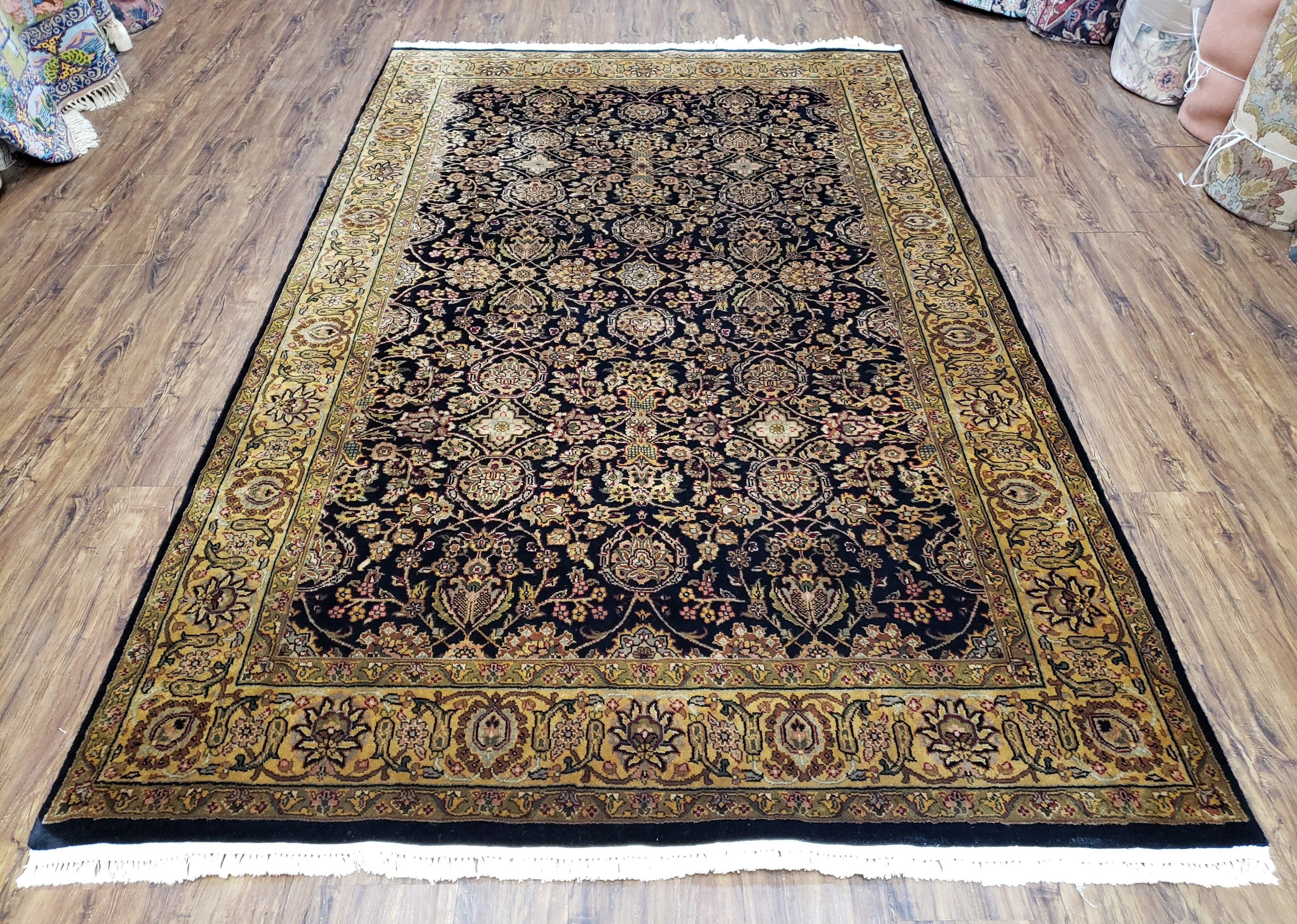 Vintage Floral Indo-Persian Area Rug 5x9 - 6x10, Wool Hand-knotted Black & Gold Indian Oriental Carpet, 6x9 Dining Table Rug, Bedroom Rug - Jewel Rugs