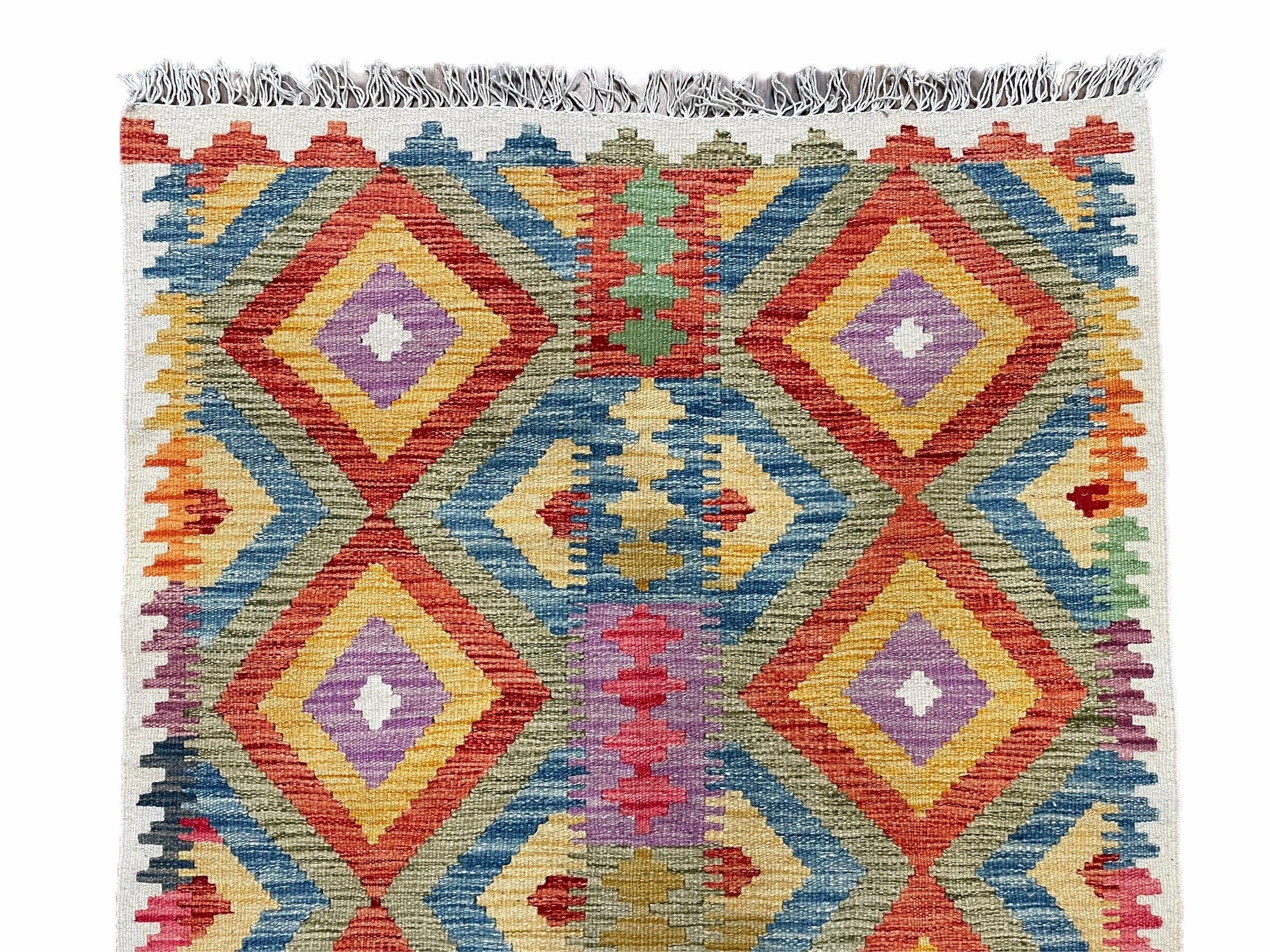 Colorful Chobi Kilim 3x5 Small Turkish Kilim Rug Diamond Pattern Multicolor Flatweave Wool Playroom Rug New Playful Rug - Jewel Rugs