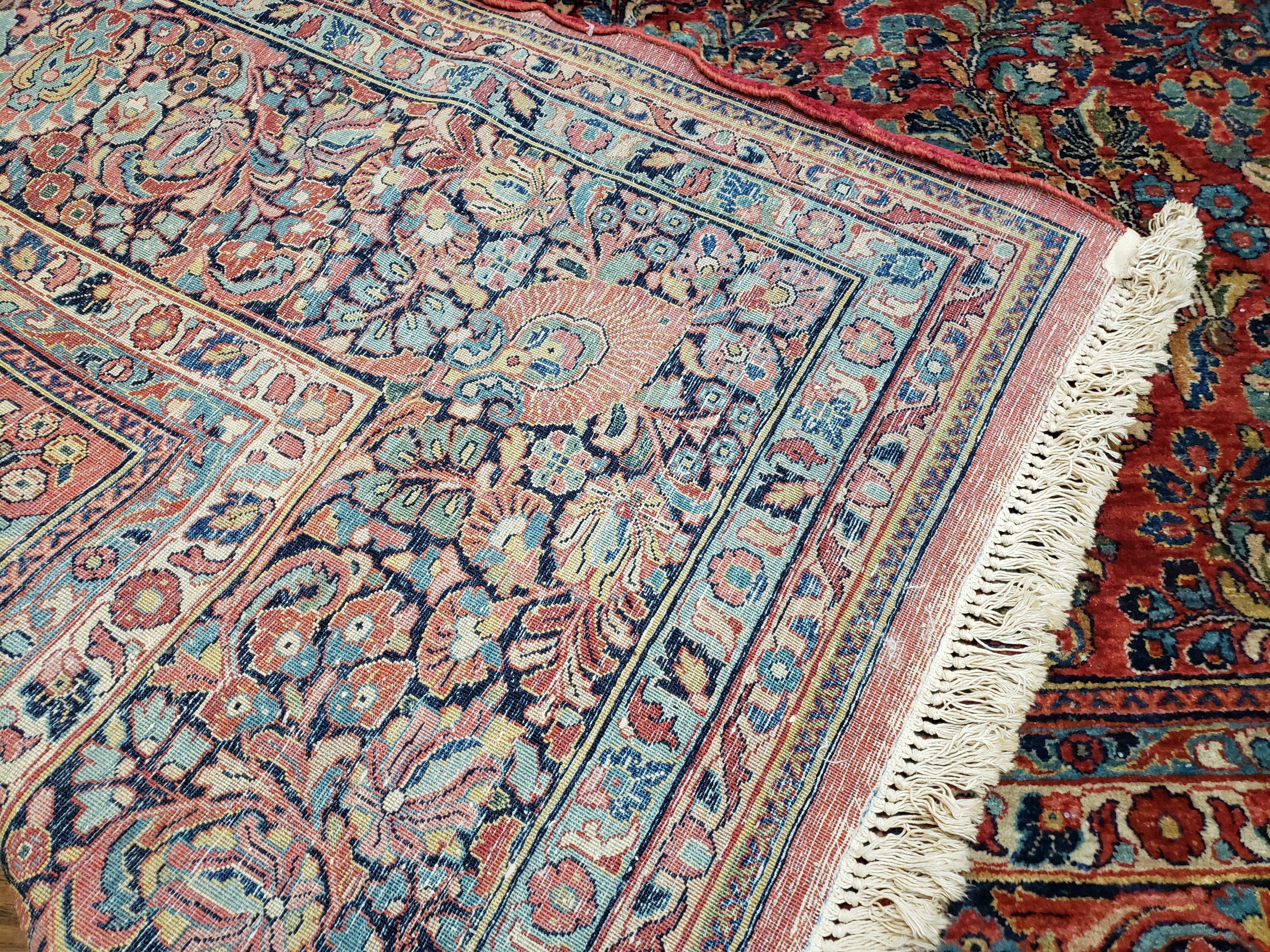 Stunning Semi Antique Palace Sized Persian Sarouk Rug, Hand-Knotted, Red and Dark Blue, Floral Allover, Wool, 14' x 17' 9" - Jewel Rugs