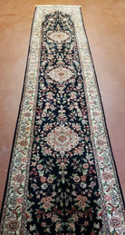 Traditional Oriental Runner Rug, 12ft Long Hallway Carpet, 2.5 ft Wide Black & Ivory Persian Runner, 2' 7" x 12", Hand Knotted Wool Vintage - Jewel Rugs