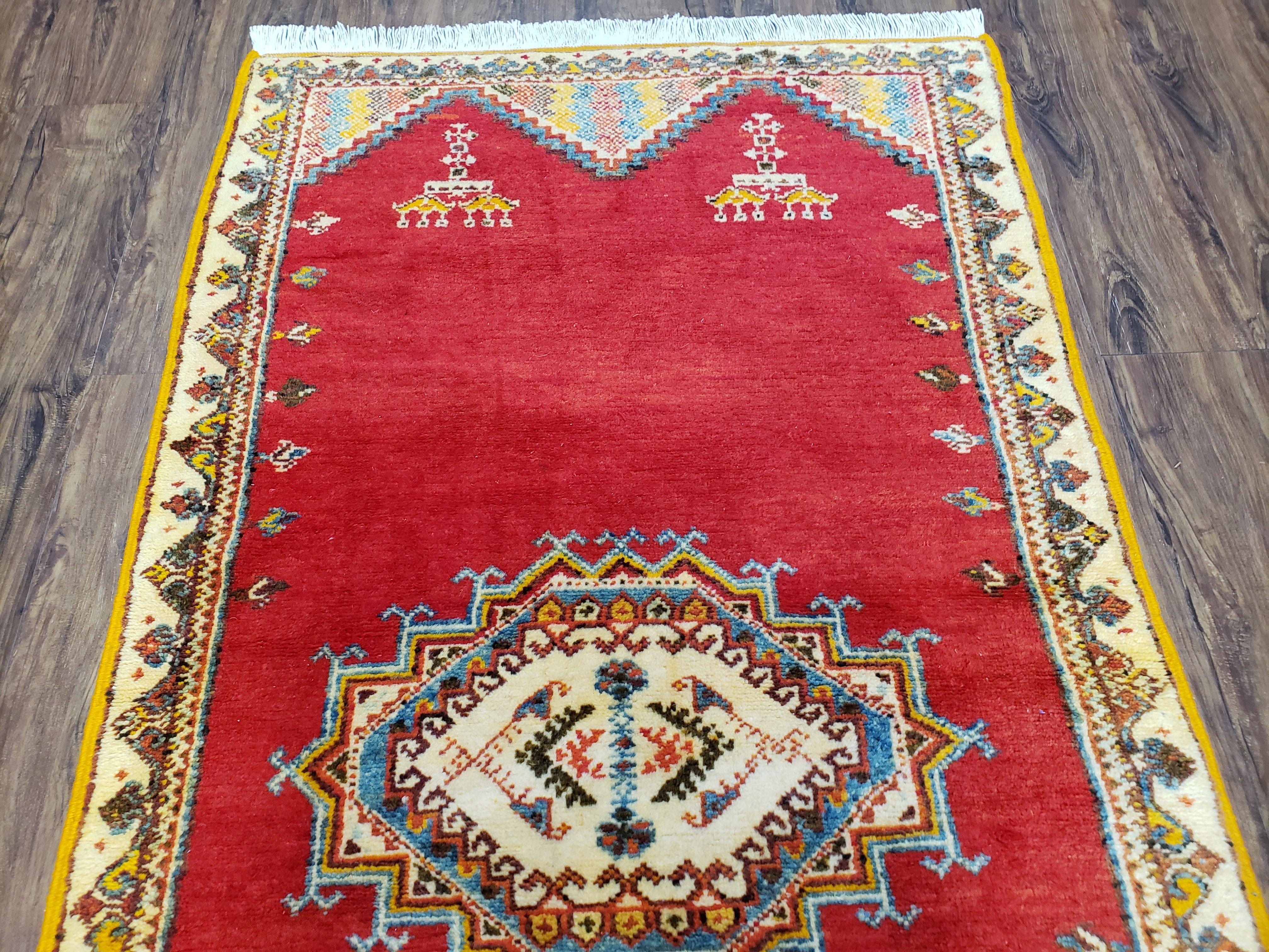 Vintage Moroccan Area Rug, Bright Red Hand-Knotted Wool Carpet, Medallion Area Rug, 4x6 Carpet, Office Room Rug, 3'4" x 6'4" - Jewel Rugs