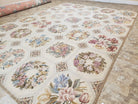 New Needlepoint Rug, 10x13 Needlepoint Carpet, Floral Panel Design, Beige, Multicolor Flowers, Handmade Hand Woven, Flatweave, No Pile, Wool - Jewel Rugs