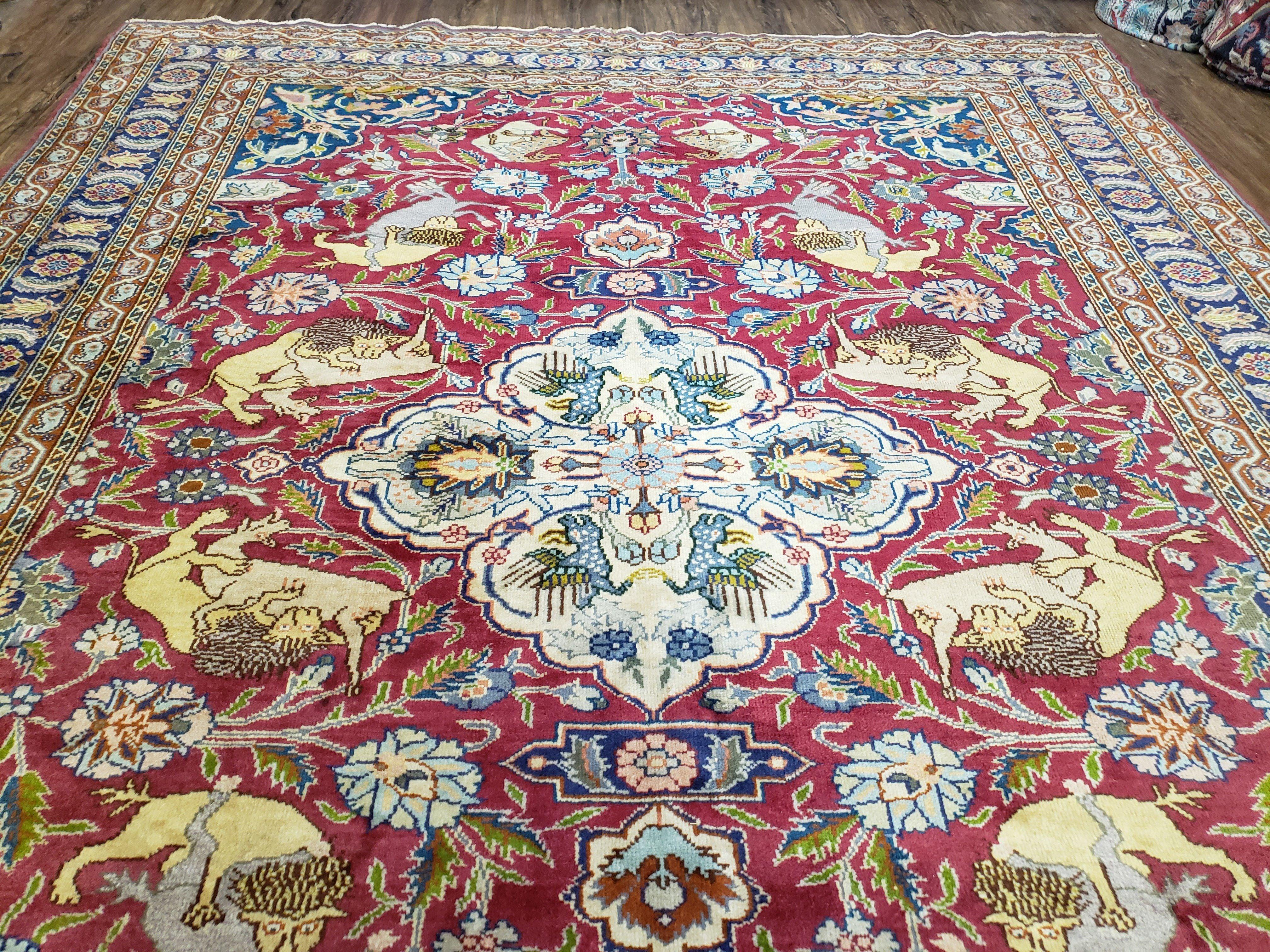 Antique Turkish Sivas Area Rug 8x11, Hand-Knotted, Vintage Red Wool Carpet, Gazelles Lions, Boteh Border, 8' x 11' Top Quality Oriental Rug - Jewel Rugs