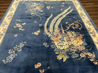 Chinese Wool Rug 8x10, Blue and Cream Art Deco Carpet, Vintage 1960s Oriental 120 Line Nichols Rug, Floral Design, Soft Plush Wool, Handmade - Jewel Rugs