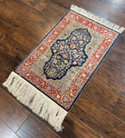 Authentic Silk Turkish Hereke Rug 2x3 ft with Signature, Wonderful Silk on Silk Small Hereke Carpet 2 x 3, Floral Navy Blue Dark Red Cream - Jewel Rugs