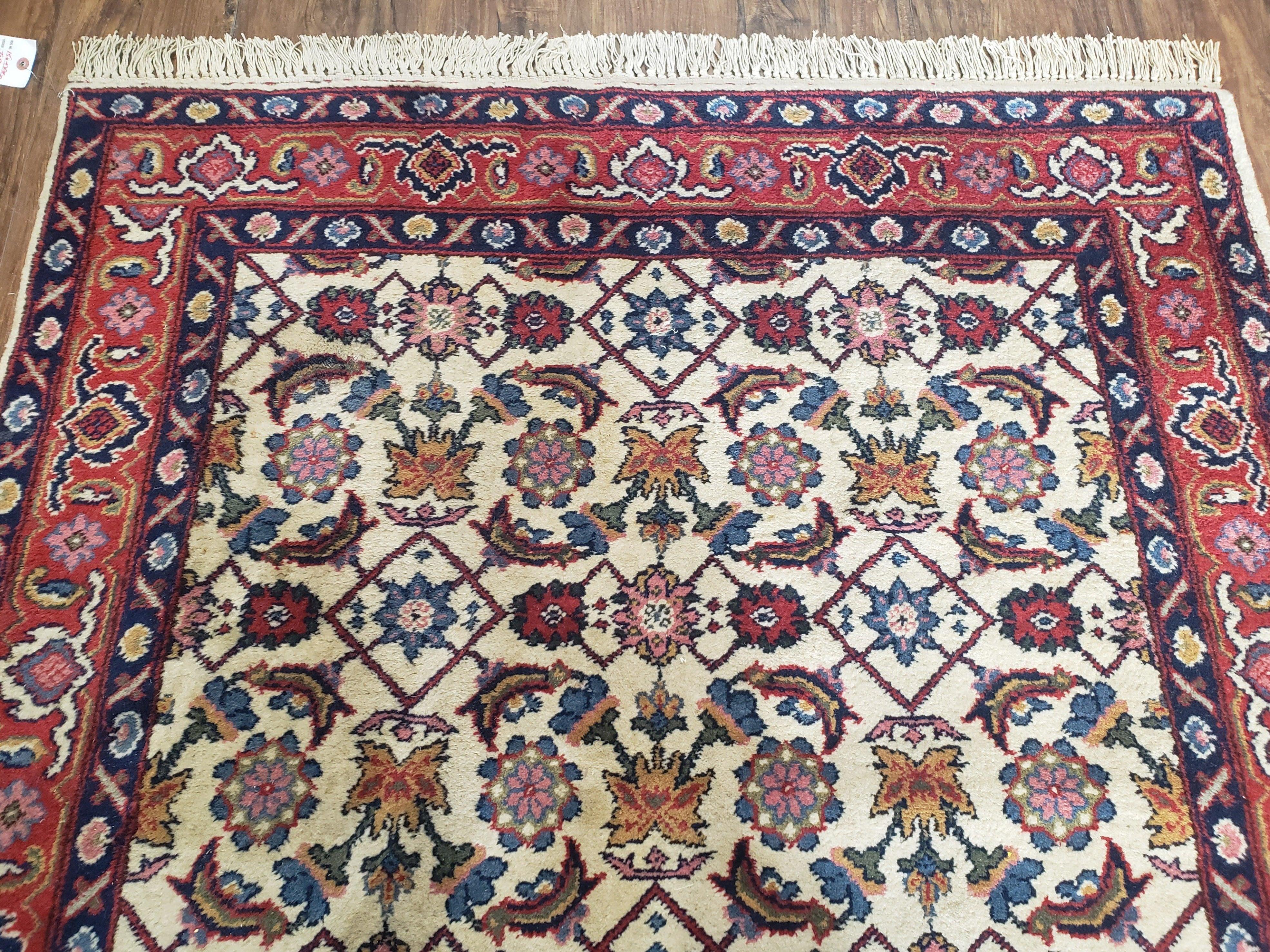 Romanian Rug 4 x 6.9 ft, Cream and Red Hand-Knotted Rug, Vintage 1980s Oriental Carpet Persian Design, 4x6 - 4x7 Rugs, Traditional Allover - Jewel Rugs