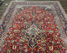 Persian Kashan Rug 9x12, Red Navy Blue, Allover Floral Medallion & Corner Design, Handmade Wool Oriental Carpet, Semi Antique Traditional Carpet - Jewel Rugs