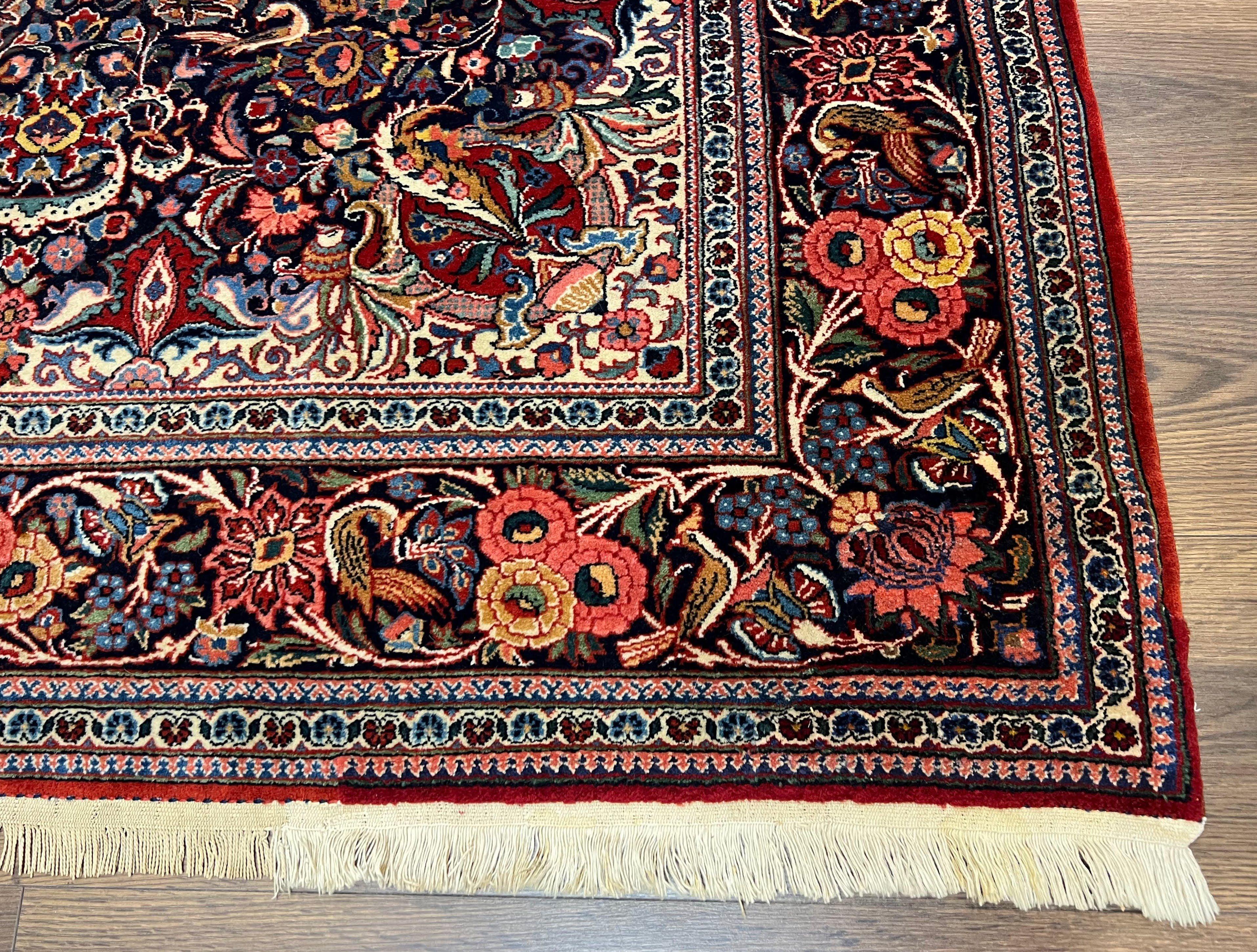 Navy Blue Persian Kashan Rug 4.4 x 6.7, Very Fine Wool Oriental Carpet, Hand-Knotted Floral Rug with Birds, Home Office Rug 4x7, Semi Antique Rug - Jewel Rugs