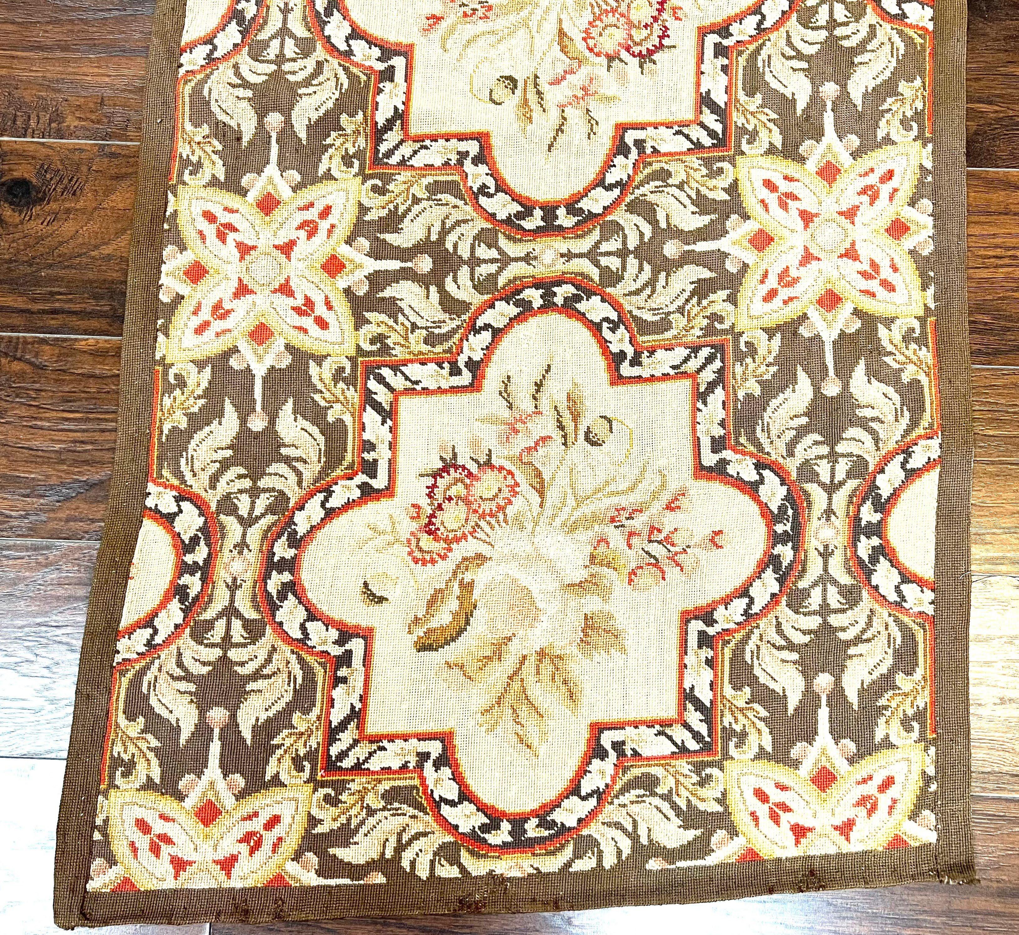 Needlepoint Runner Rug 2.8 x 9.8, Brown and Beige, Handwoven Handmade Floral French European Design, Vintage Flatweave 10ft Wool Runner Rug - Jewel Rugs