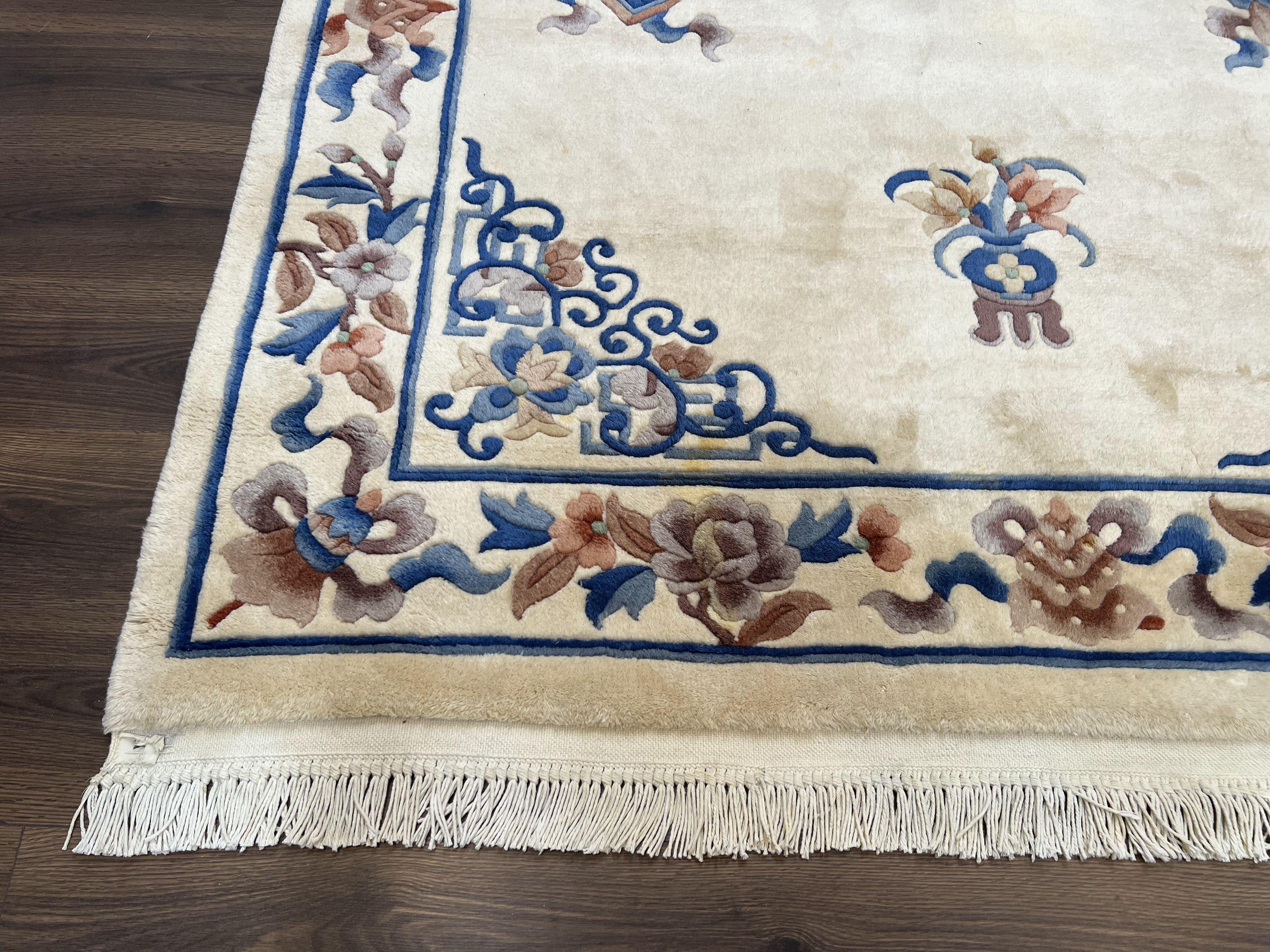 Vintage Chinese Carving Rug 6x9, Peking Carpet, Hand Knotted Wool Chinese Rug 6 x 9, Simple Design Chinese 90 Line Rug, Ivory Blue and Brown - Jewel Rugs