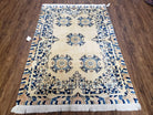 Antique Chinese Peking Area Rug 4x6, Ivory & Blue, Striped Border, Hand-Knotted, Early 20th Century Rug, Asian Oriental Art Deco Wool Carpet - Jewel Rugs