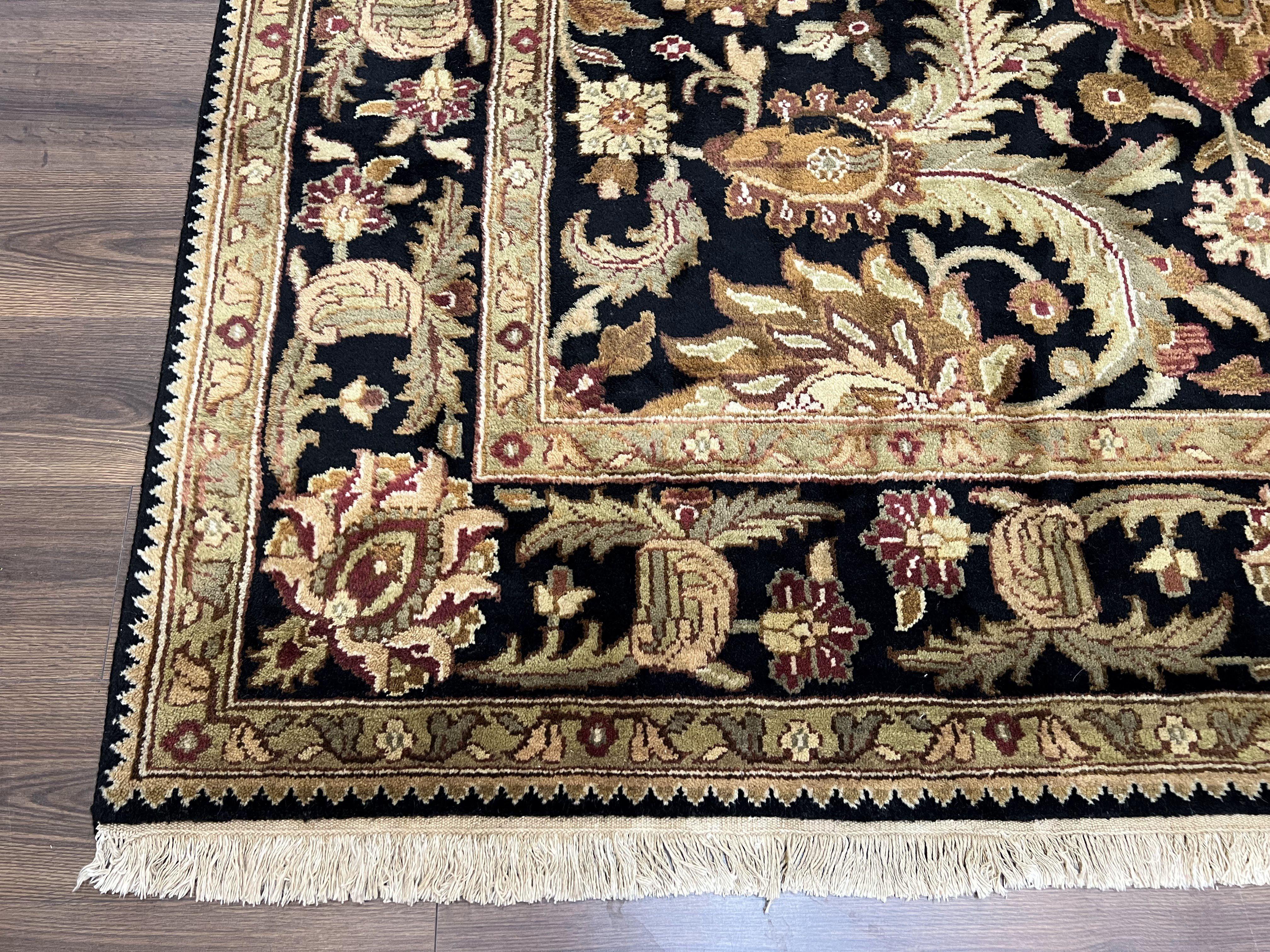 Indo Mahal Sultanabad Rug 8x11, Vintage Indian Oriental Carpet, Wool Handmade Floral Rug 8 x 11 ft, Black Beige Tan, Large Flowers Allover - Jewel Rugs