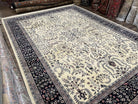 Large Indo Persian Kirman Rug 10x14, Indian Oriental Carpet, Hand Knotted Wool Floral Allover Rug 10 x 14 ft, Ivory Dark Blue, Traditional - Jewel Rugs