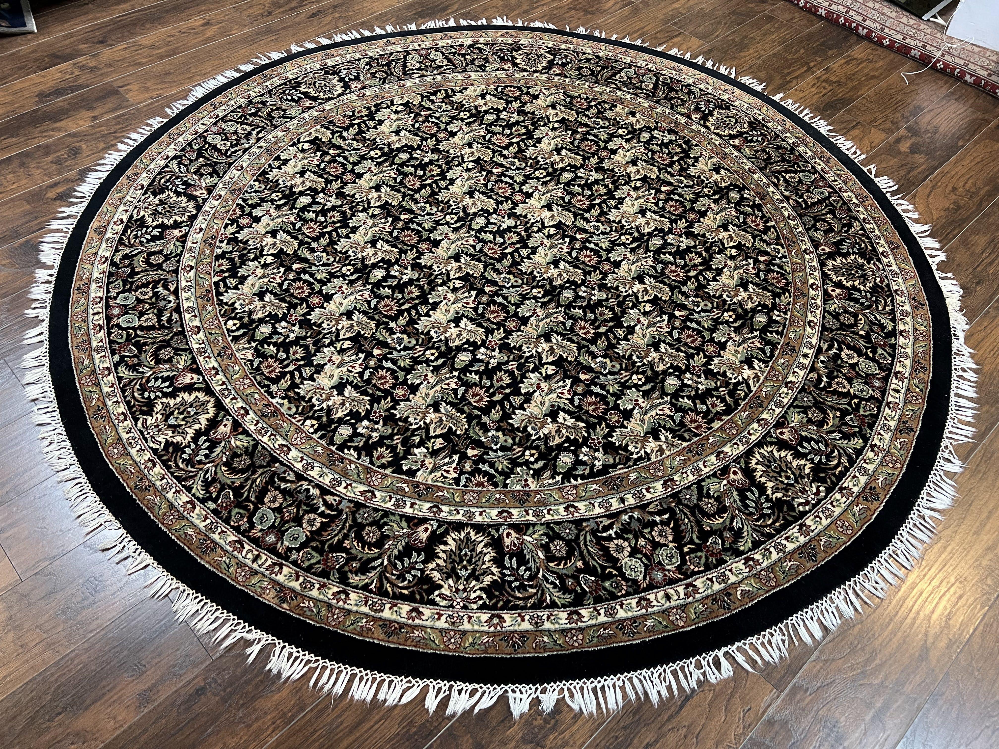 Round Oriental Rug 8x8 ft, William Morris Floral Pattern Carpet, 8 x 8 ft Round Rug, Black Cream and Tan 8ft Round Handmade Indo Persian Rug - Jewel Rugs