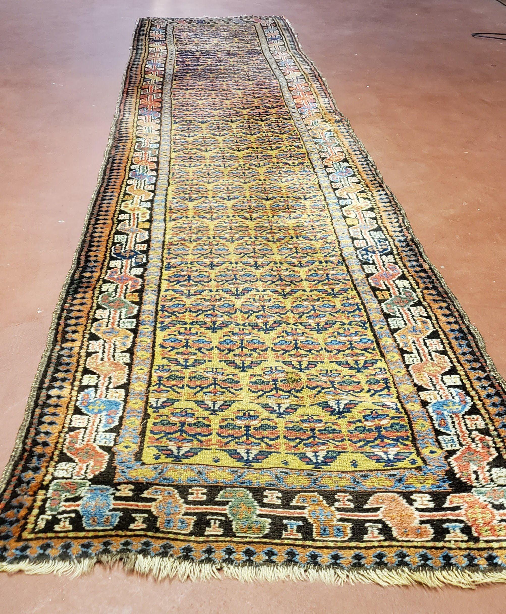 2' 9" x 12' Antique Runner Rug Mustard Yellow Gold Colorful Caucasian Karabagh Kazak Tribal 12ft Runner Nomadic Rug Collectible Carpet Rare - Jewel Rugs