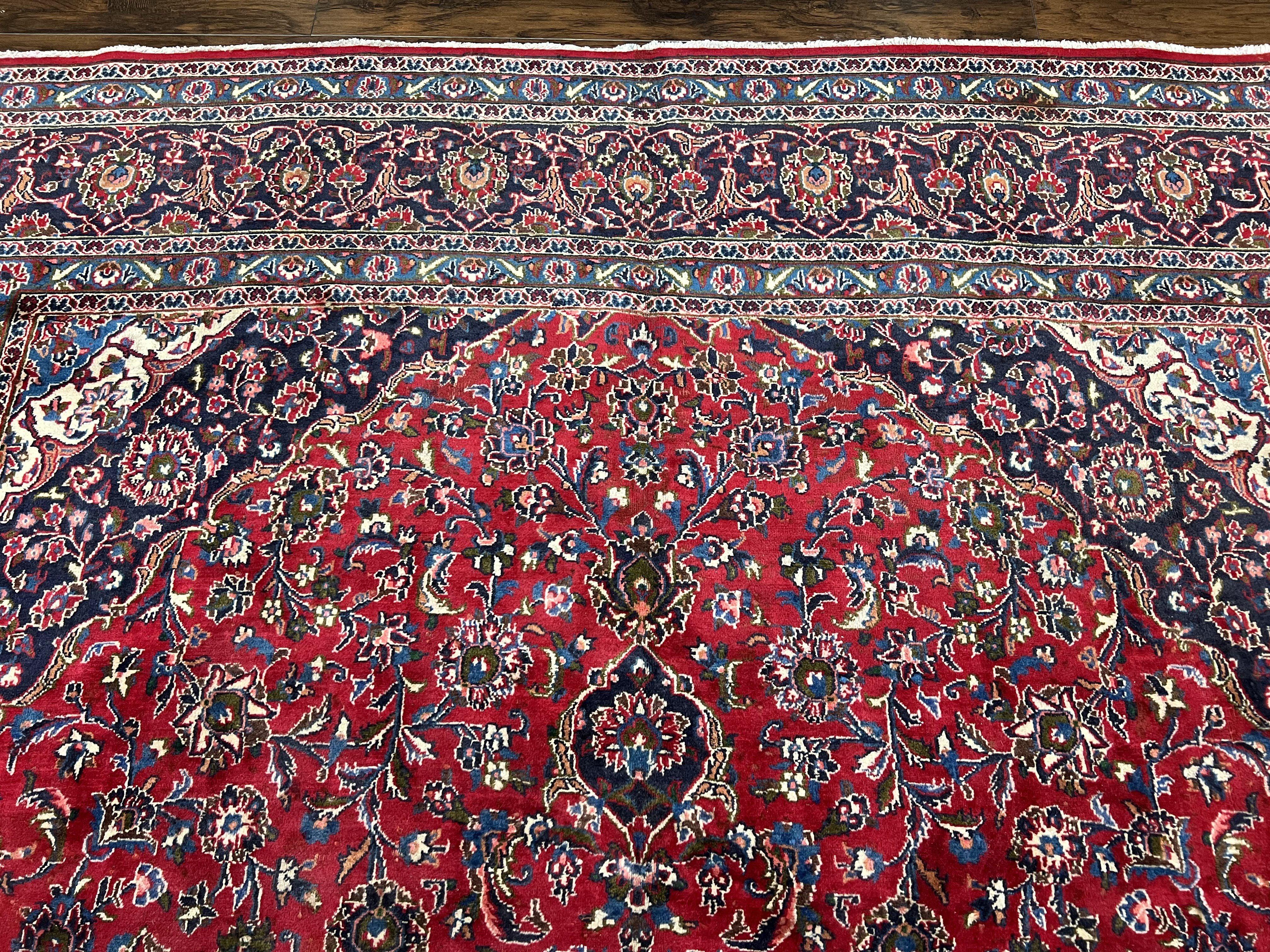 Large Persian Kashan Rug 10x13, Red Navy Blue, Allover Floral Medallion & Corner Design, Handmade Wool Oriental Carpet, Antique Traditional Rug - Jewel Rugs