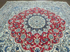 Semi Antique Persian Nain Rug, Square Oriental Carpet, 6'3" x 6' 8", Hand-Knotted, Wool with Silk Accents, Ivory Red Blue, 6ft Square Rug - Jewel Rugs