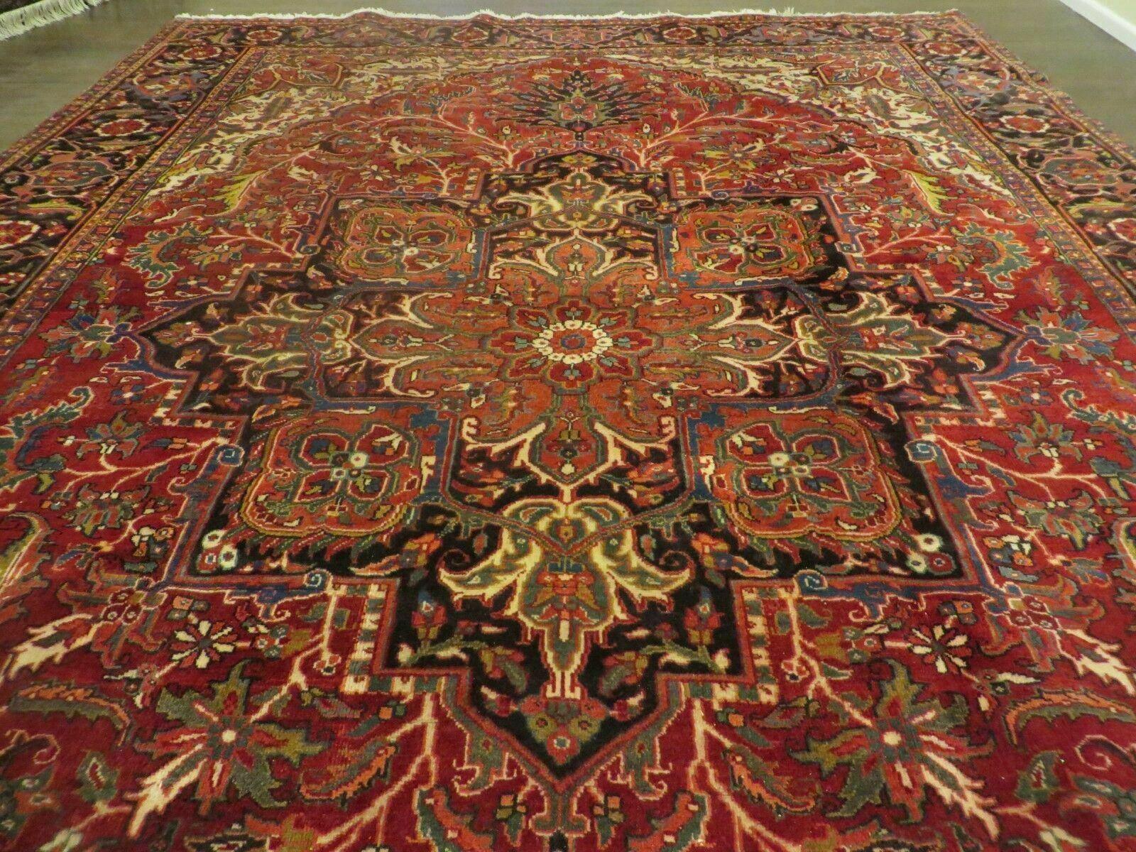 9' 5" X 12' 7" Handmade Perian Geometric Design Heriz Serapi Oriental Wool Rug Hand-Knotted Red Top Quality Veg Dyes - Jewel Rugs