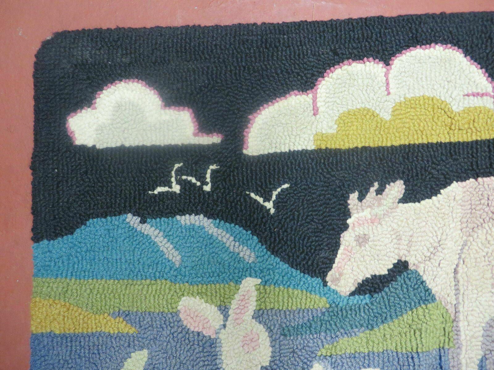 2' X 3' 7" Vintage American Handmade Hooked Rug COW RABBIT Farm Nice - Jewel Rugs