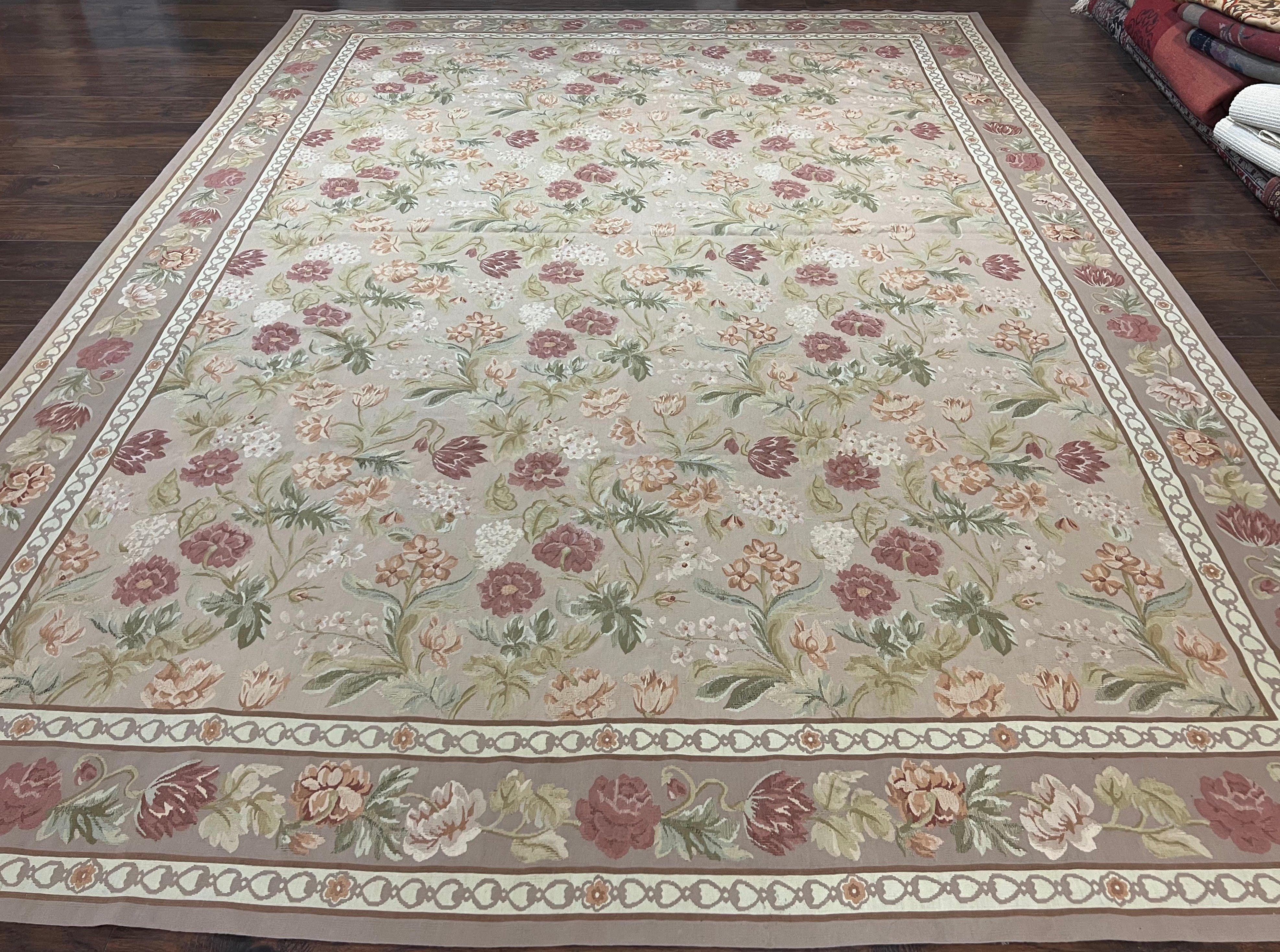 Aubusson Rug 9x12, Pink Beige Light Mauve, Handmade Allover Floral Roses, Wool Flatweave Carpet 9 x 12 ft, European French Design, Elegant - Jewel Rugs