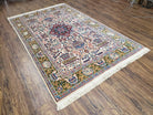 Vintage Persian Ghom Kashmar Rug, Ivory, Wool, Hand-Knotted, 4' 2" x 6' 8" - Jewel Rugs