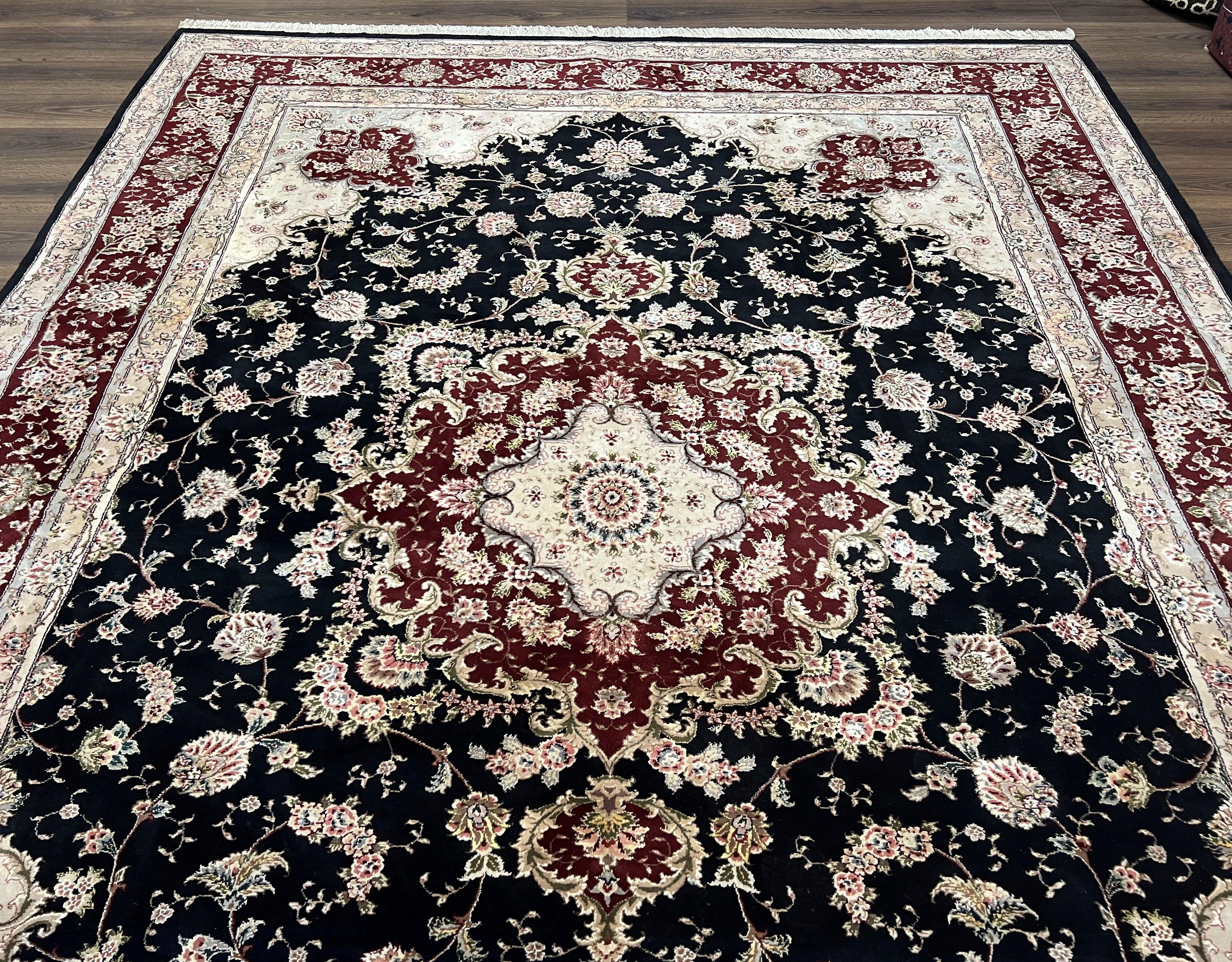 Pak Persian Rug 8.8 x 10.6, Floral Medallion, Wool and Silk Hand Knotted Fine Oriental Carpet, Elegant Rug, Black Gray Burgundy, Room Sized - Jewel Rugs