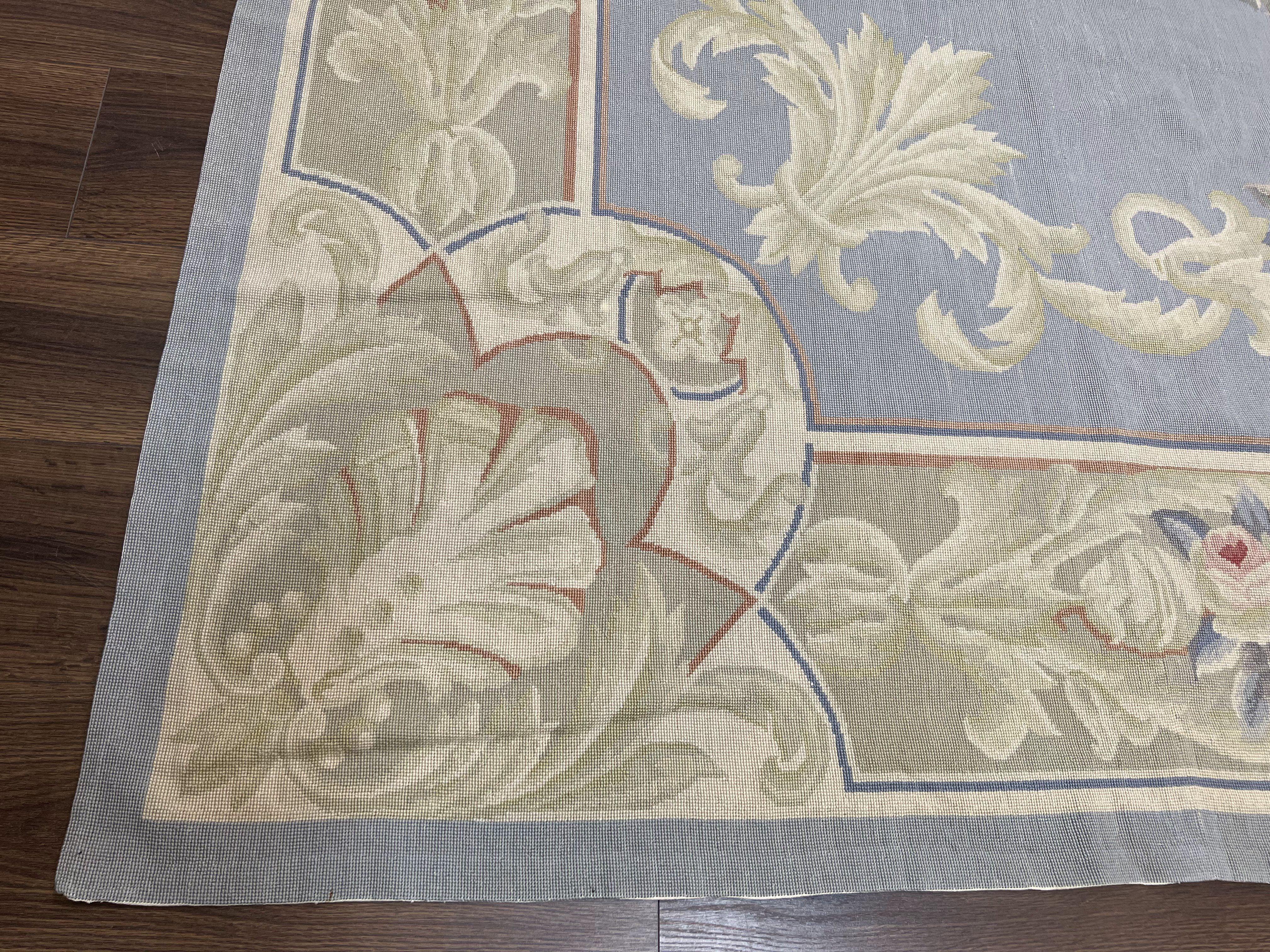 Aubusson Needlepoint Rug 8' 6" x 11' 6", Elegant French Aubusson Design Carpet, Vintage Savonnerie Flatpile Wool Floral Rug Light Blue Beige - Jewel Rugs