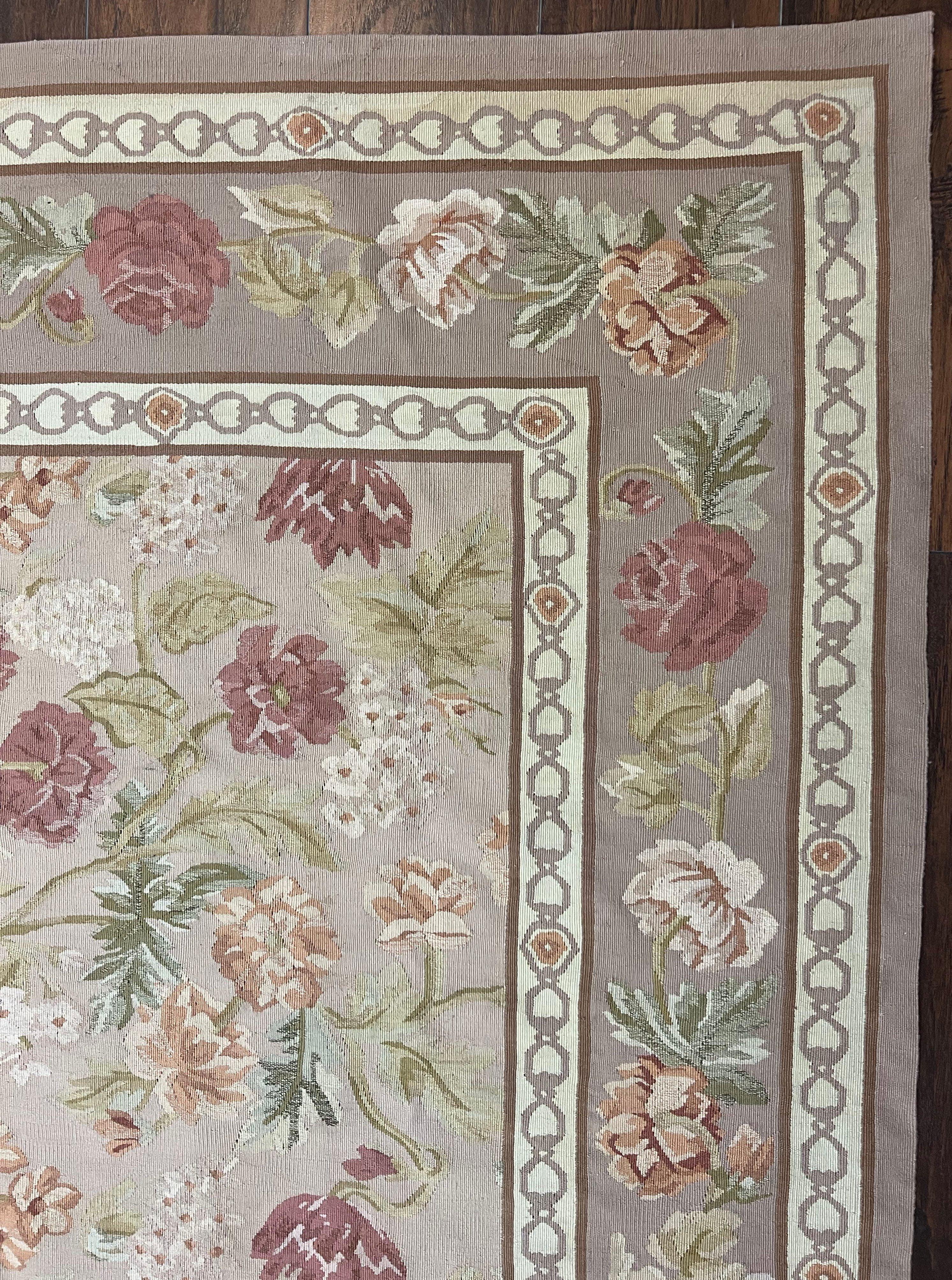 Aubusson Rug 9x12, Pink Beige Light Mauve, Handmade Allover Floral Roses, Wool Flatweave Carpet 9 x 12 ft, European French Design, Elegant - Jewel Rugs