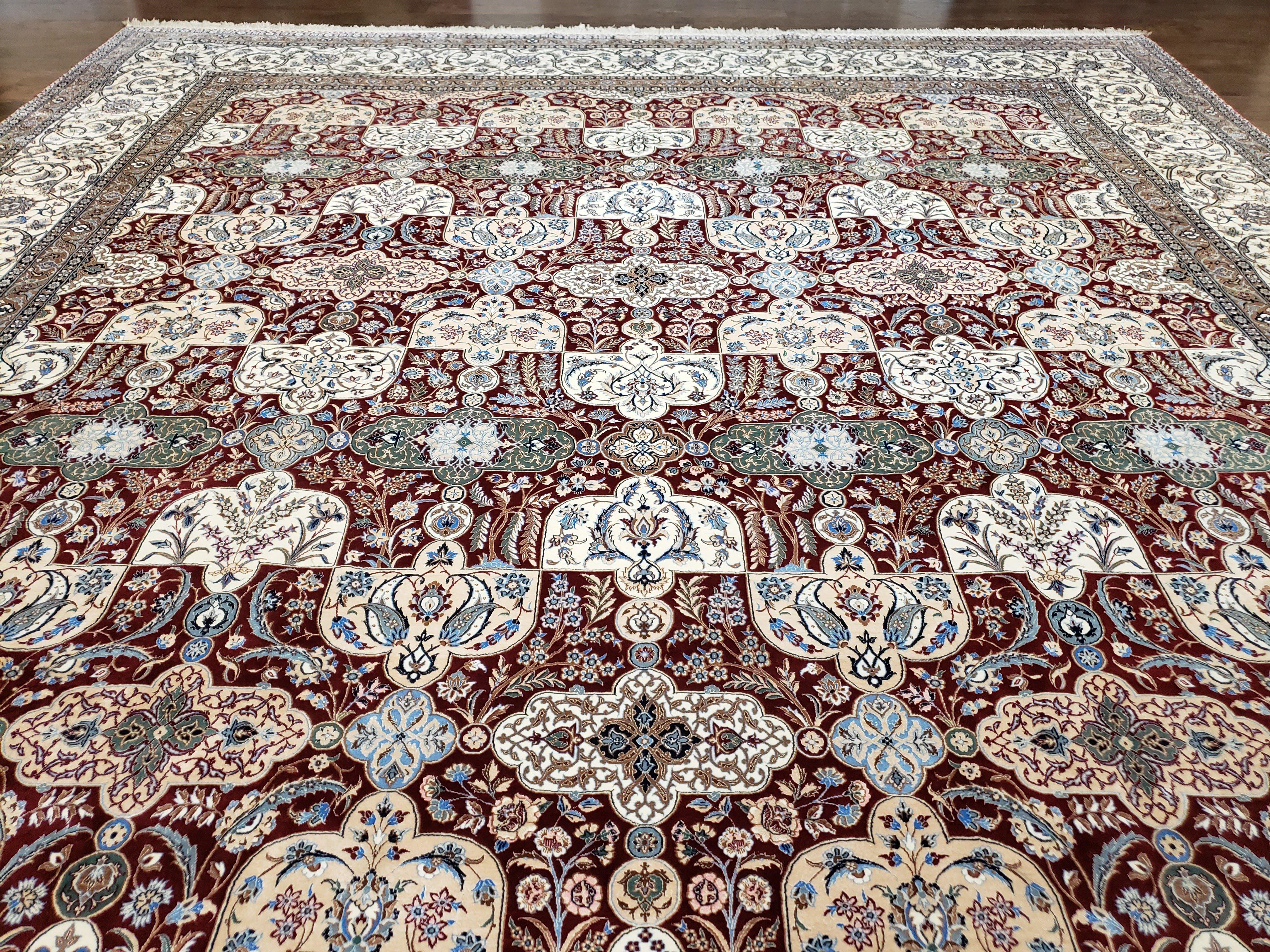 Vintage Persian Nain, Wool on Silk Foundation, Ivory & Maroon, Hand-Knotted, 11' 1" x 14' 9" - Jewel Rugs