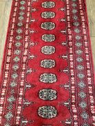 Vintage Bokhara Runner Rug 2.6 x 14, Wool Hand-Knotted Red & Ivory Pakistani Turkoman Yamud Hallway Carpet, Long Skinny Oriental Runner 14ft - Jewel Rugs