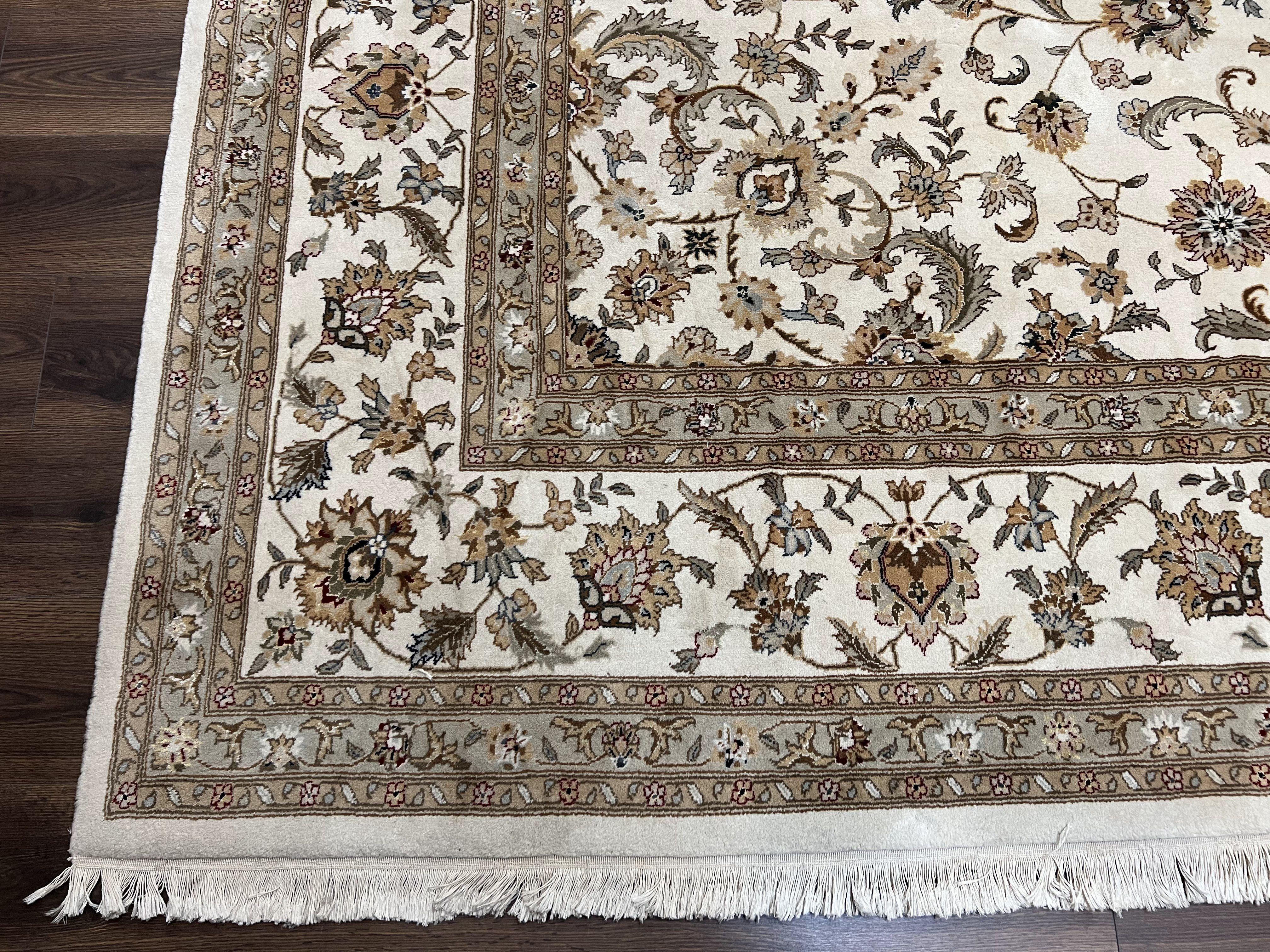 Pak Persian Rug 10x14, Allover Floral Pattern, Fine Oriental Carpet 10 x 14, Elegant Traditional Wool Rug, Ivory/Cream/Beige, Hand Knotted - Jewel Rugs