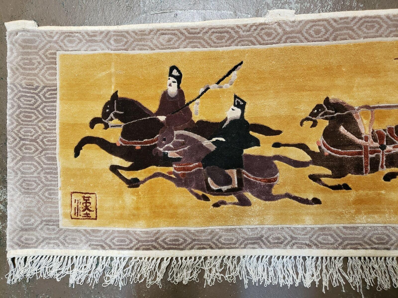 17" X 42" Handmade Chinese Silk Rug Horse Riding Carriage Ride Wall Hanging Wow - Jewel Rugs