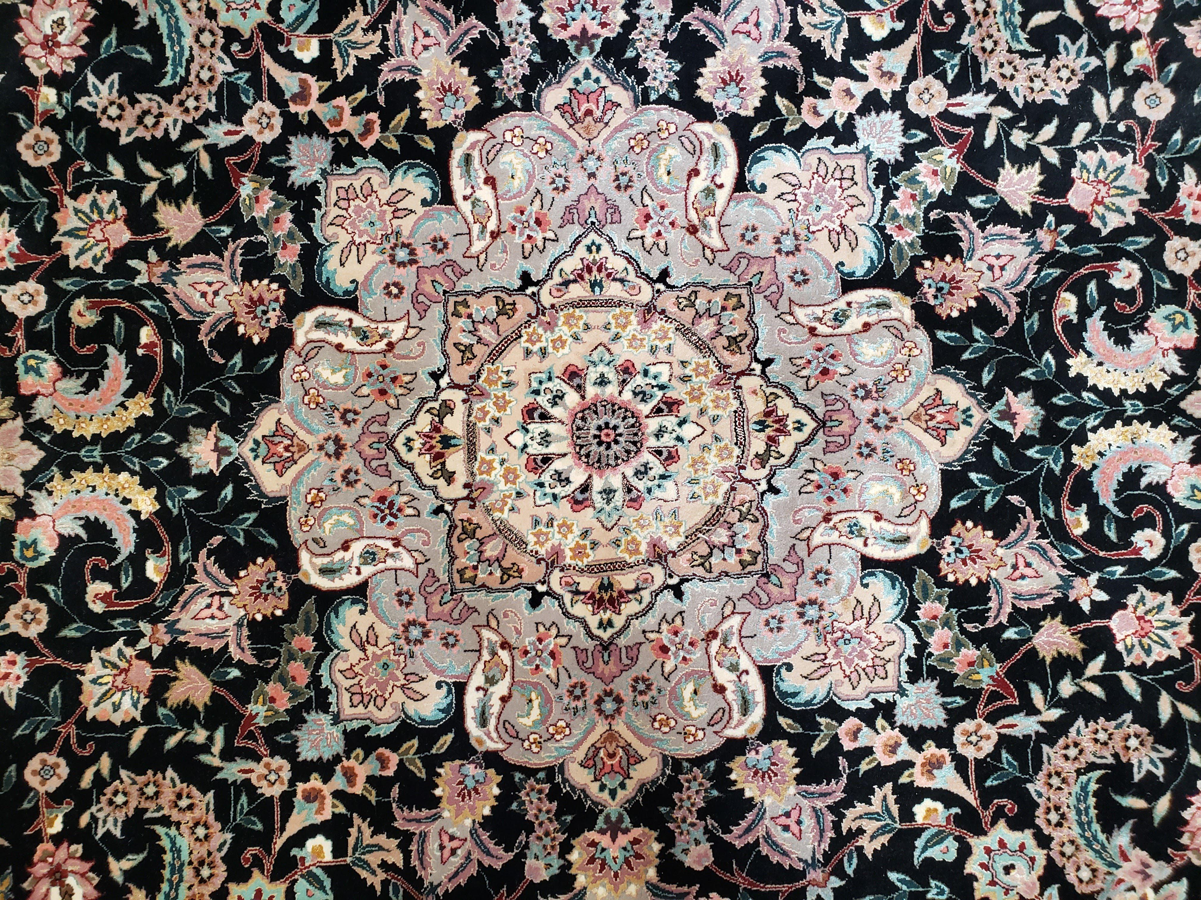 Stunning Sino Persian Rug 8x10, Elegant High Quality Handmade Carpet, Wool and Silk, Medallion with Corner Design, Floral, Black Ivory, Fine - Jewel Rugs