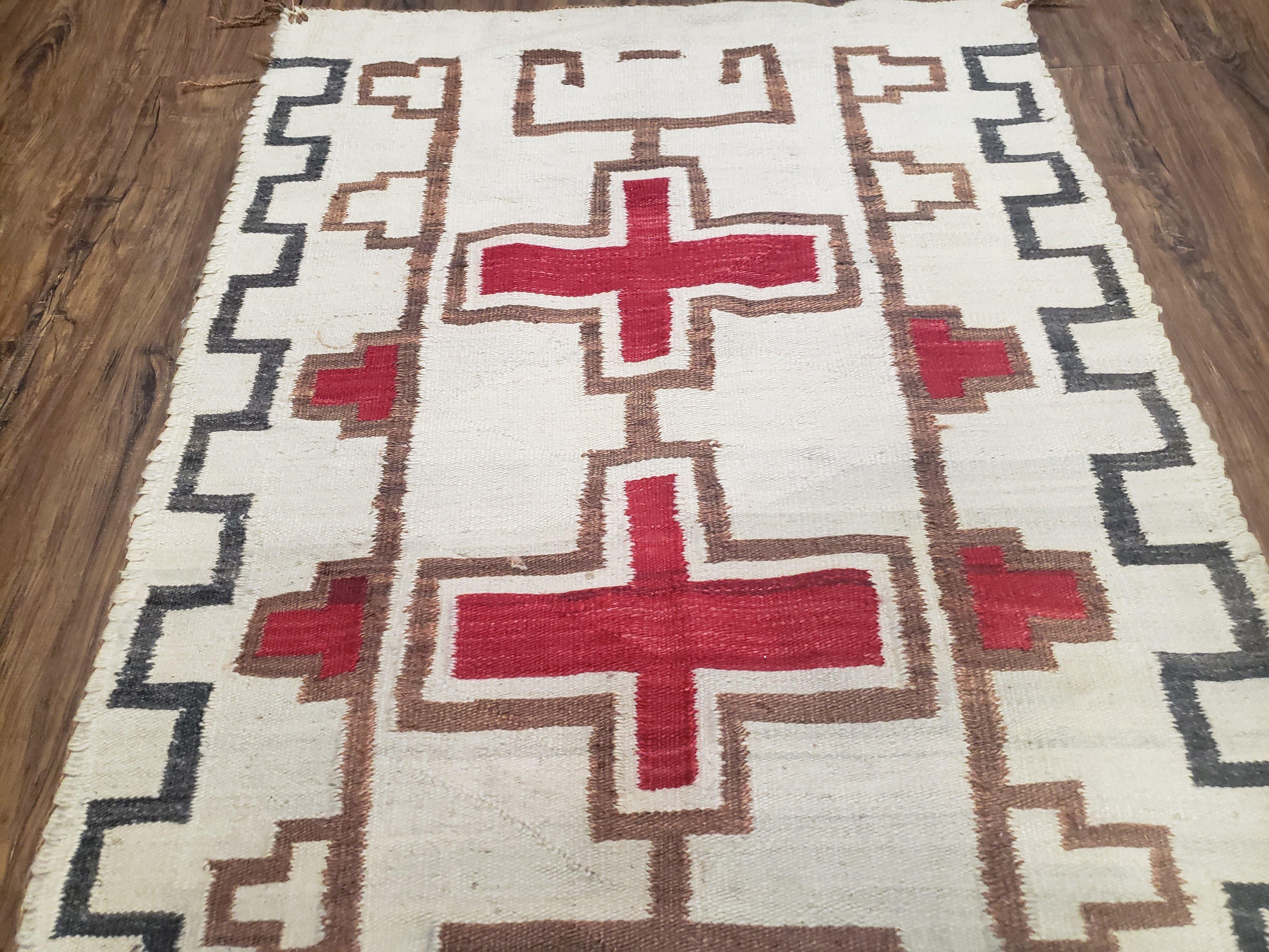 Semi Antique Navajo Rug 3x5, Wool Hand Woven, First Aid Cross Navajo American Blanket, Kilim Rug, Ivory Red, Nice, Rare Navaho Blanket - Jewel Rugs