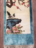 Vintage Chinese Silk Wall Hanging 2x5, Silk Hand-Knotted Cream & Teal Wall Art, Birds Tapestry Rug, Asian Oriental Tapestry Carpet, Pair B - Jewel Rugs