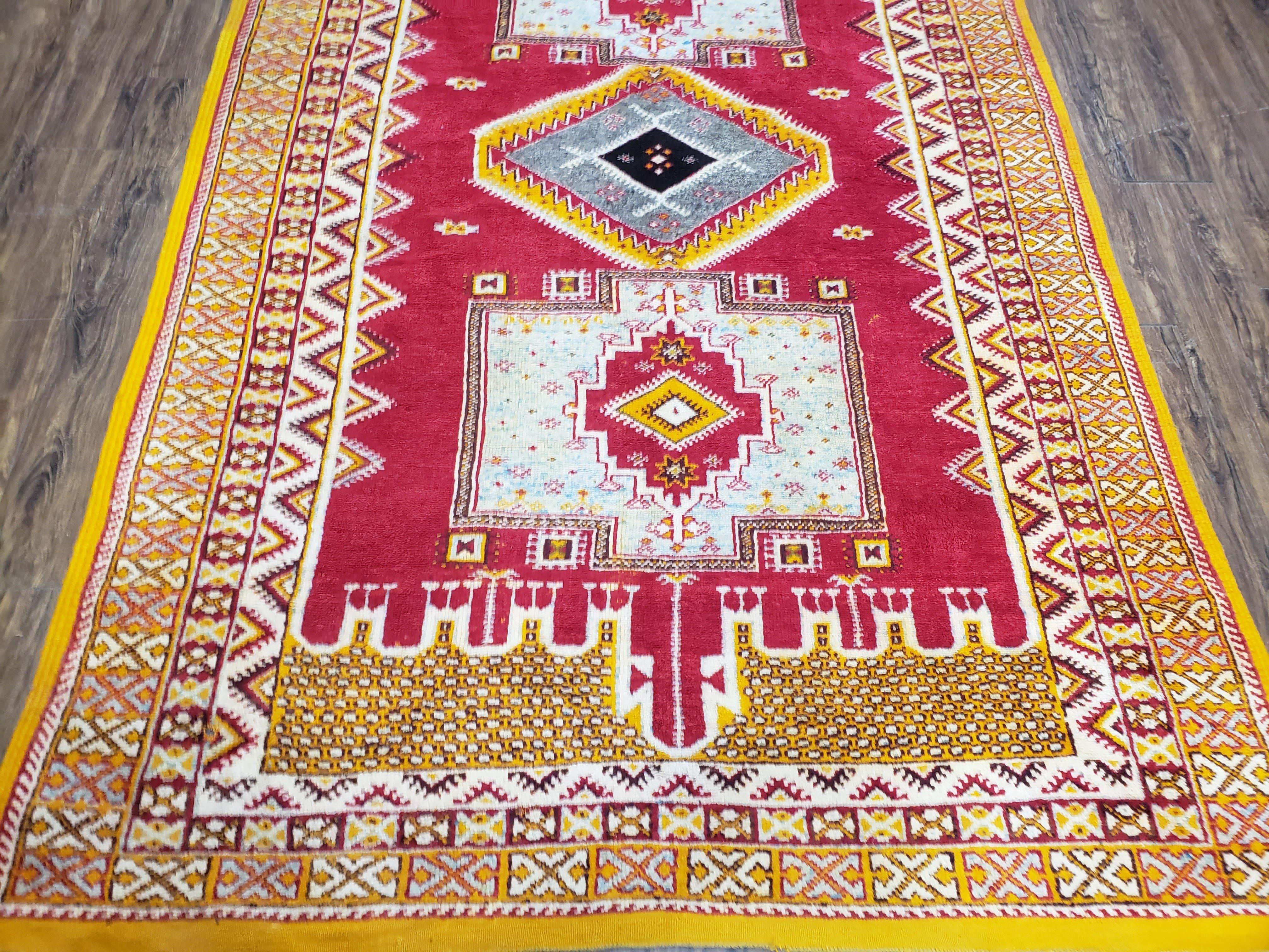 Vintage Moroccan Rug 6x10, Red and Yellow Moroccan Carpet, Handmade Bohemian Tribal Area Rug, Hand-Knotted 1970s Wool Rug, Medalions - Jewel Rugs