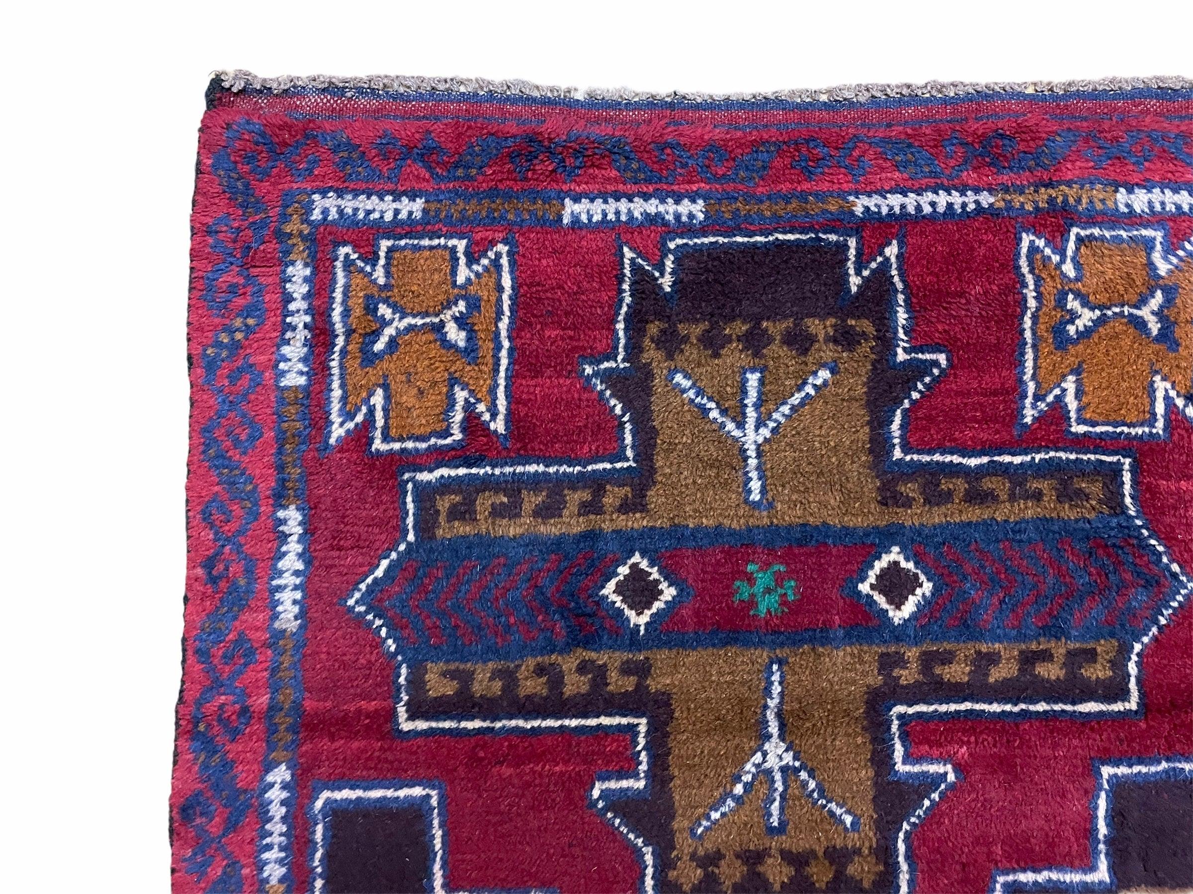 2' 10" X 4' 9" Vintage Handmade Tribal Wool Rug Balouchi Rug Afghan Rug Red Blue - Jewel Rugs