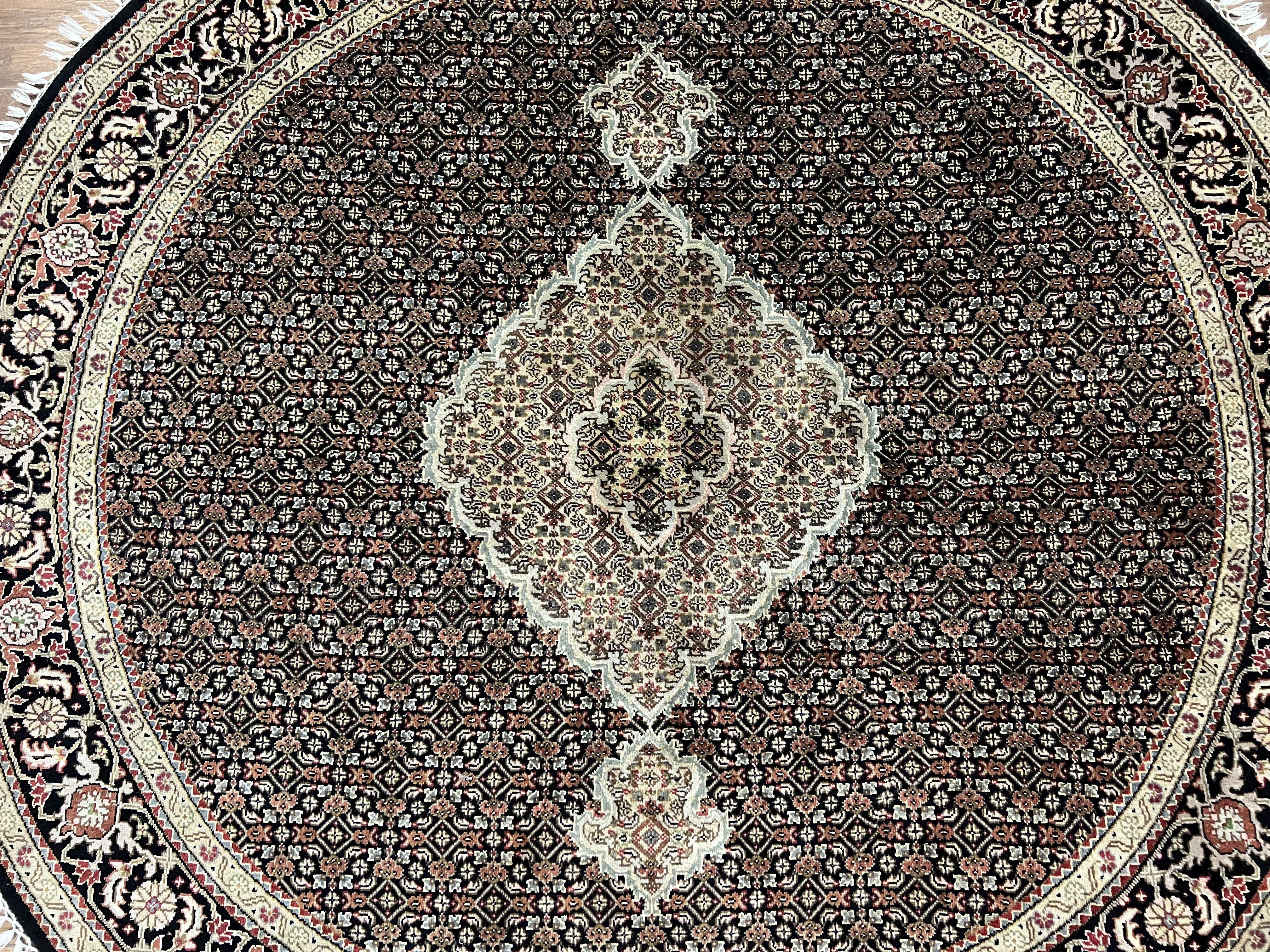 Round Oriental Rug 6.8 x 6.8 ft, Black and Beige Hand-Knotted Wool Indian Indo Persian Round Carpet, Herati Mahi Pattern, Vintage Round Rug - Jewel Rugs