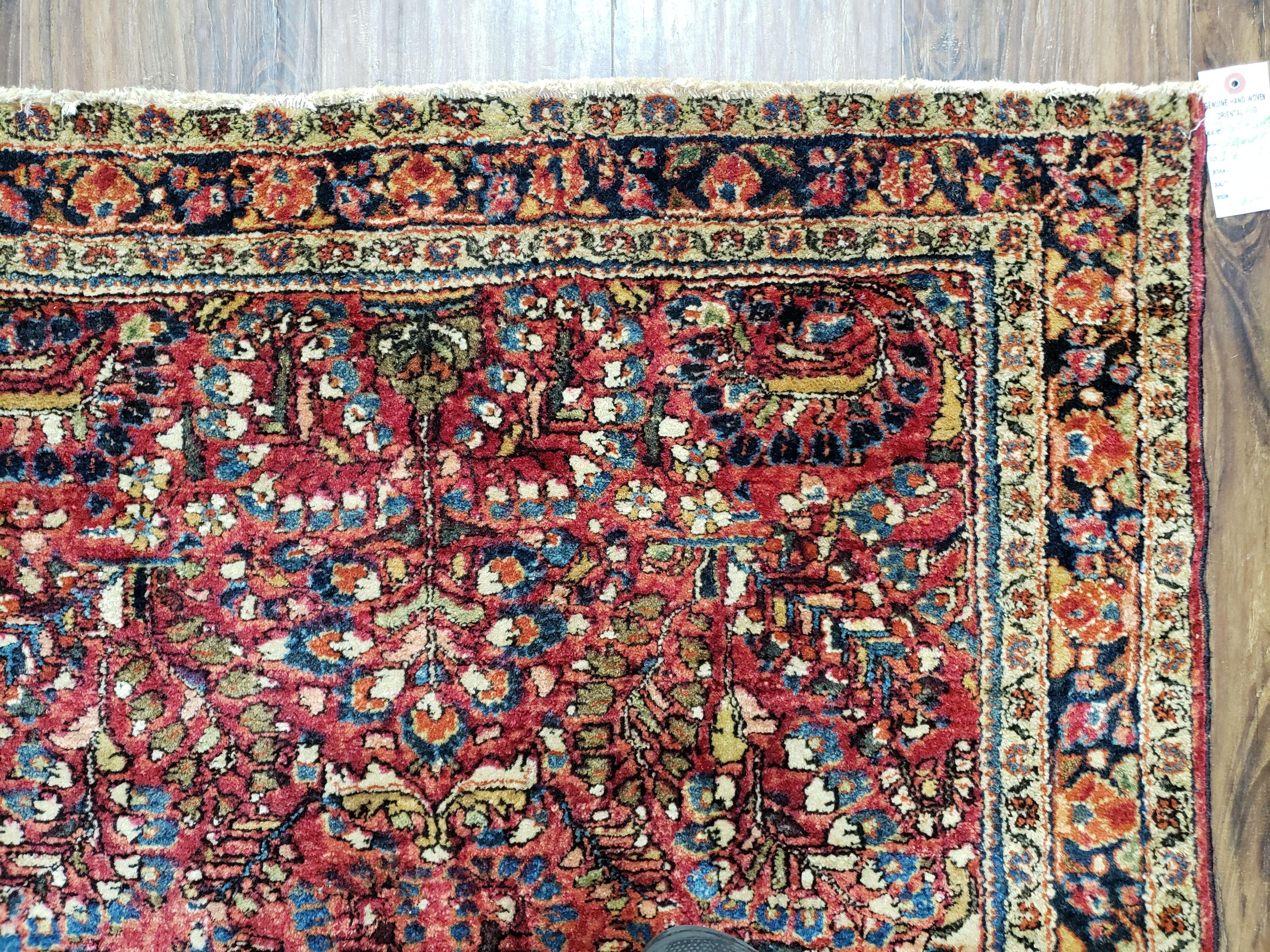 Antique Persian Sarouk Rug, Red, Allover Floral Pattern, Hand-Knotted, Wool, 3'4" x 4'10" - Jewel Rugs