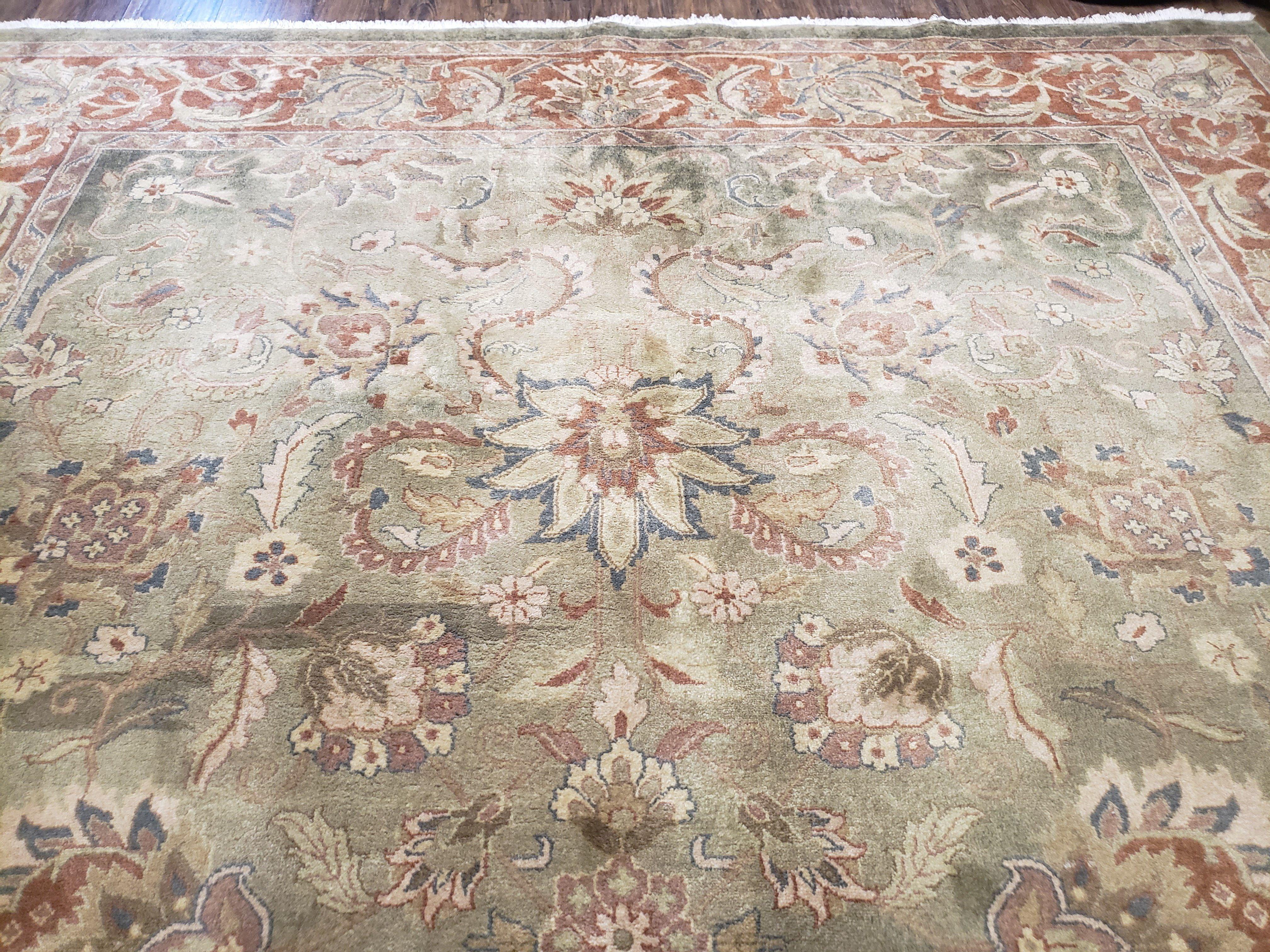 Vintage Indo Mahal Area Rug 9x12, Wool Hand-Knotted Laurel Green & Auburn Indian Carpet, 9 x 12 Floral Carpet, Living Room Rug - Jewel Rugs