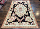 Needlepoint Rug 6x9, Black and Beige Vintage Aubusson Flatweave Area Rug 6 x 9 ft, French European Handmade Elegant Medium Sized Wool Carpet - Jewel Rugs