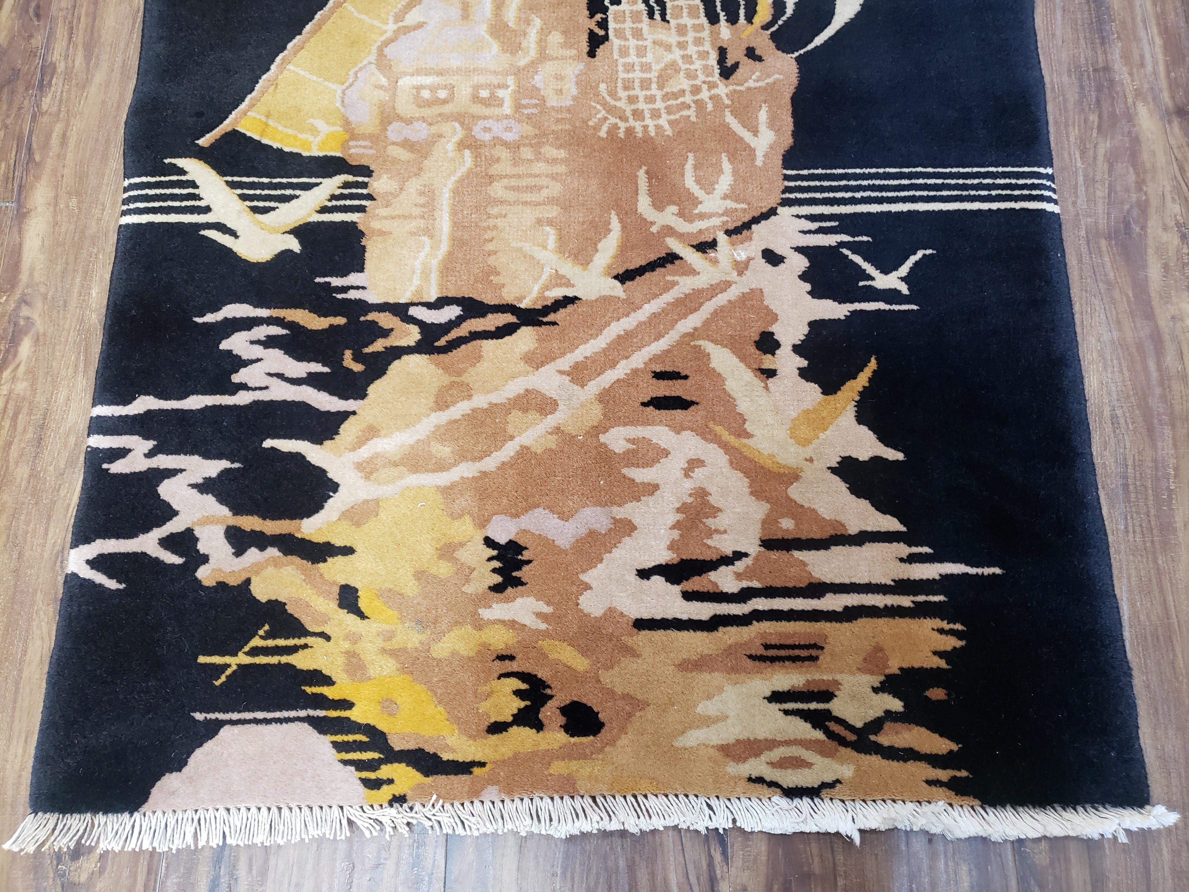 Small Chinese Rug 2'6" x 4' 4", Black Chinese Rug, Boat Ship at Sea with Seagulls, Chinese Art Deco Rug, Vintage 1960s Hand-Knotted Handmade - Jewel Rugs