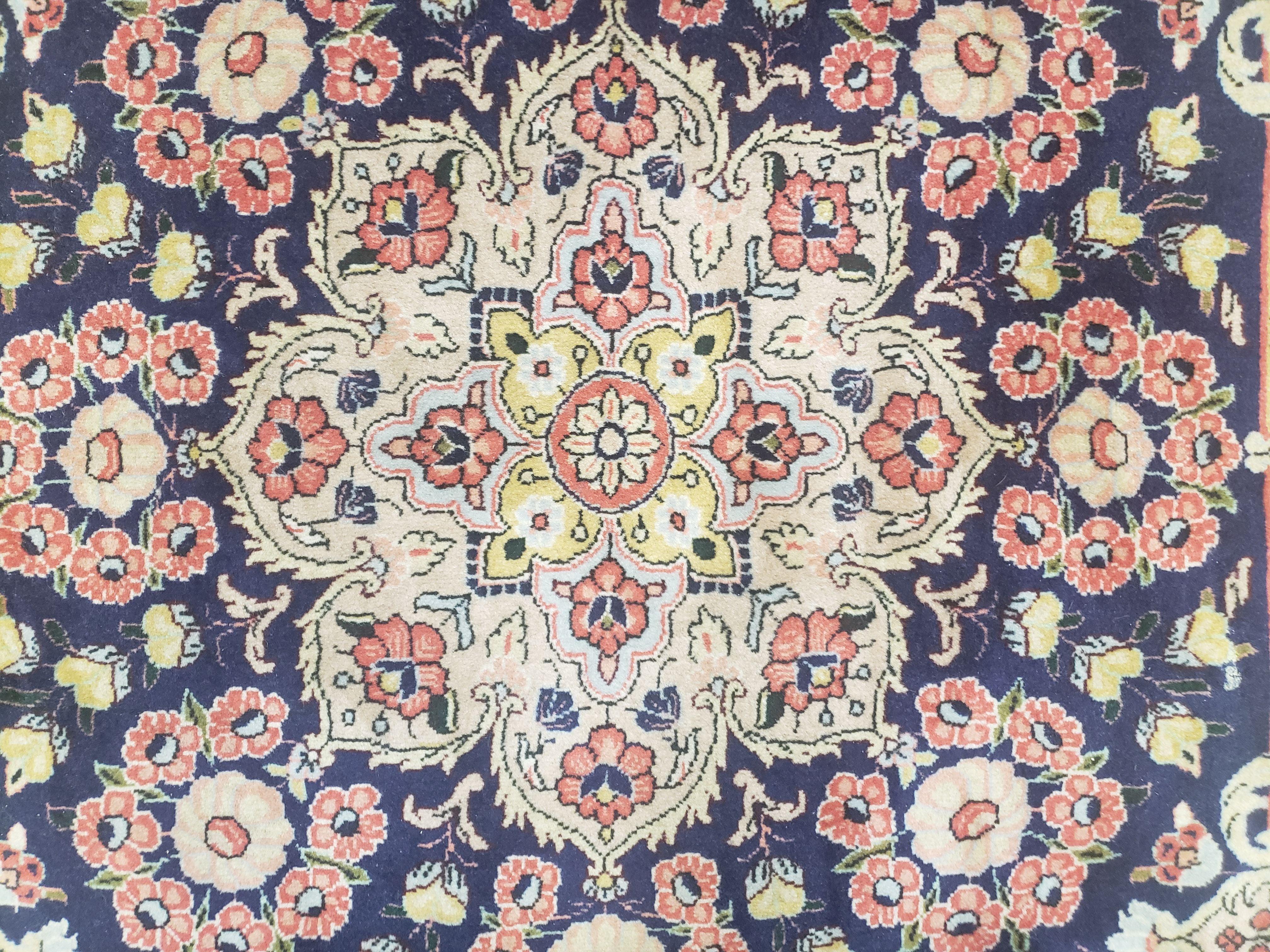 Semi Antique Persian Sarouk Rug, Vases & Flower Design, Dark Blue & Pale Red, Hand-Knotted, Wool, 3'8" x 5'3" - Jewel Rugs