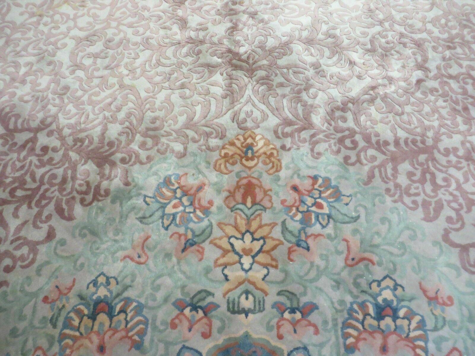 9' X 12' Vintage Handmade Chinese Carving Sculpture Wool Rug Flower Design Pink Carpet - Jewel Rugs